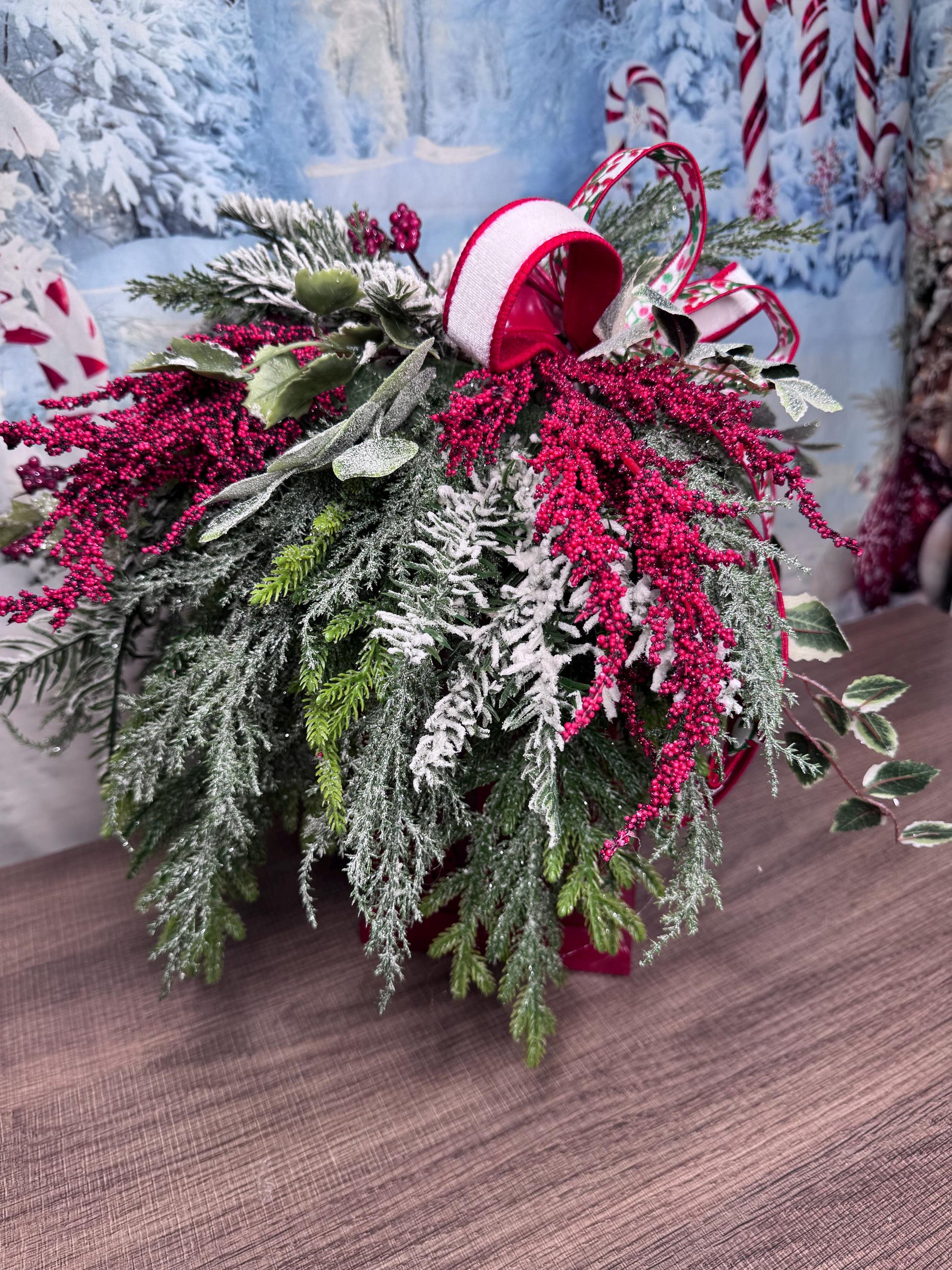Red Christmas Lantern Arrangement with Holly Ribbon & Winter Greenery, Holiday Table Centerpiece or Mantle Decor, Holiday Decor for Porch