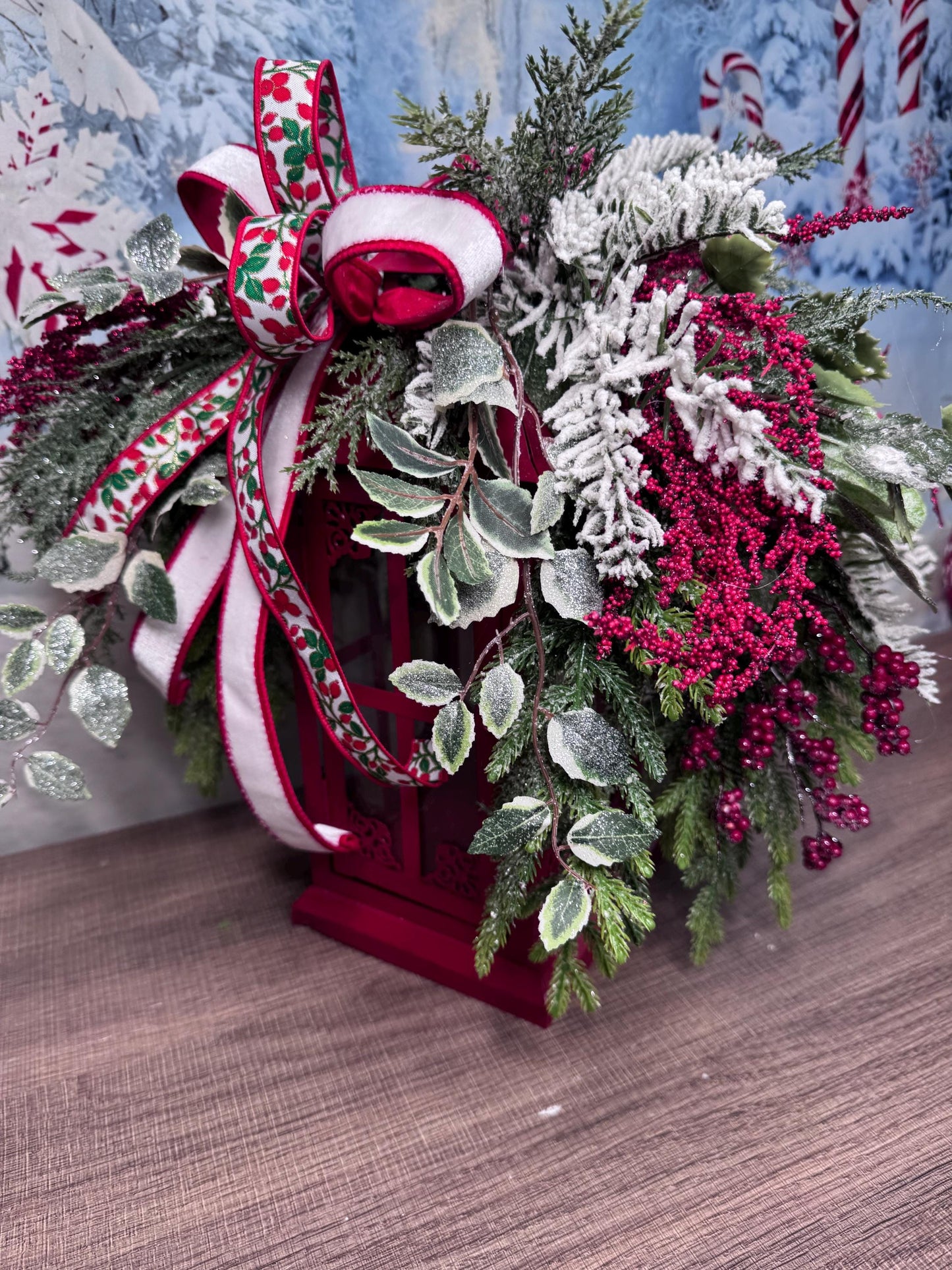 Red Christmas Lantern Arrangement with Holly Ribbon & Winter Greenery, Holiday Table Centerpiece or Mantle Decor, Holiday Decor for Porch