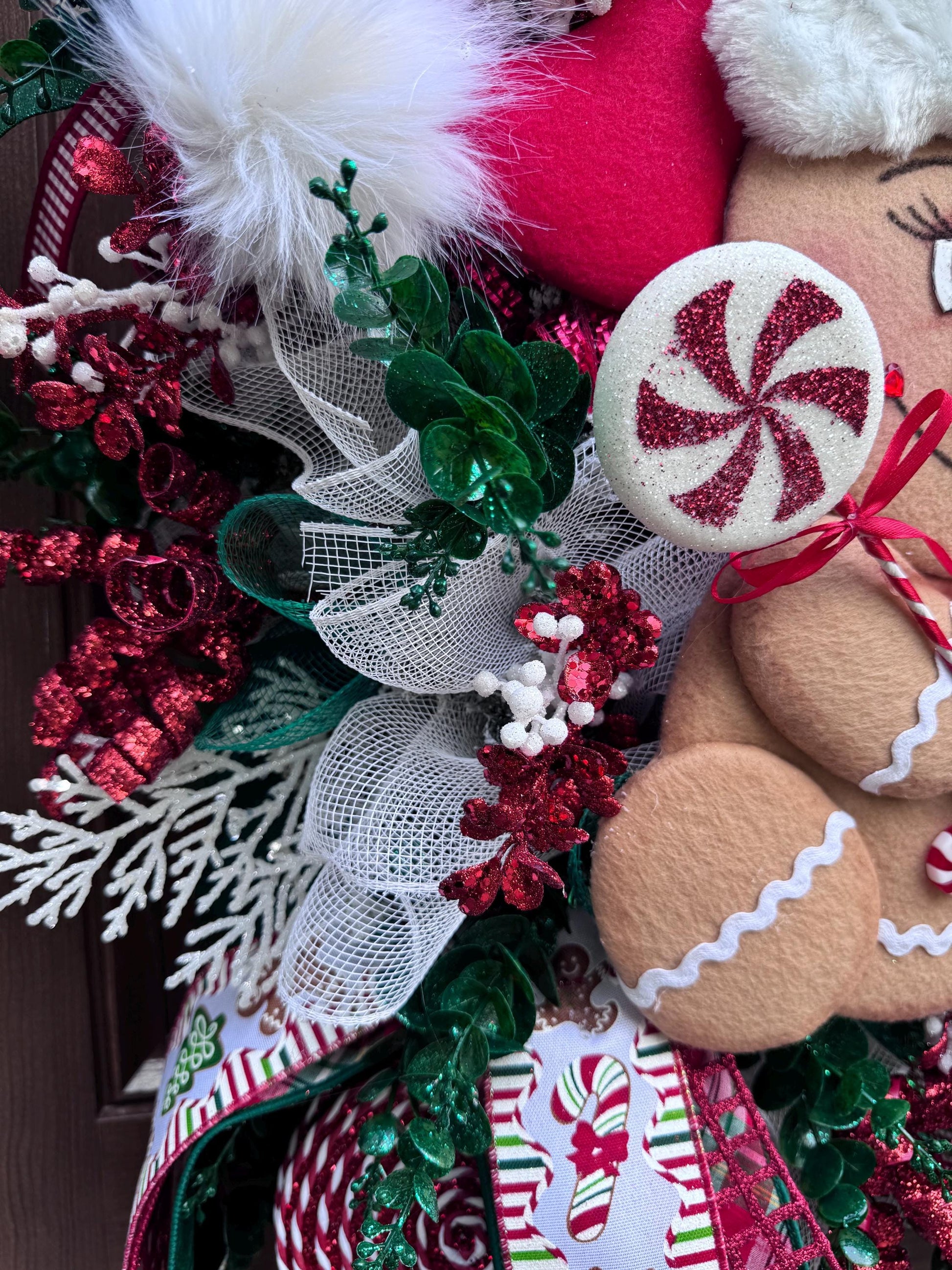 Peppermint Gingerbread Wreath for Front Door Whimsical Christmas Decor for Outdoor Porch or Indoor Office Wall Hanger Holiday Home Decor