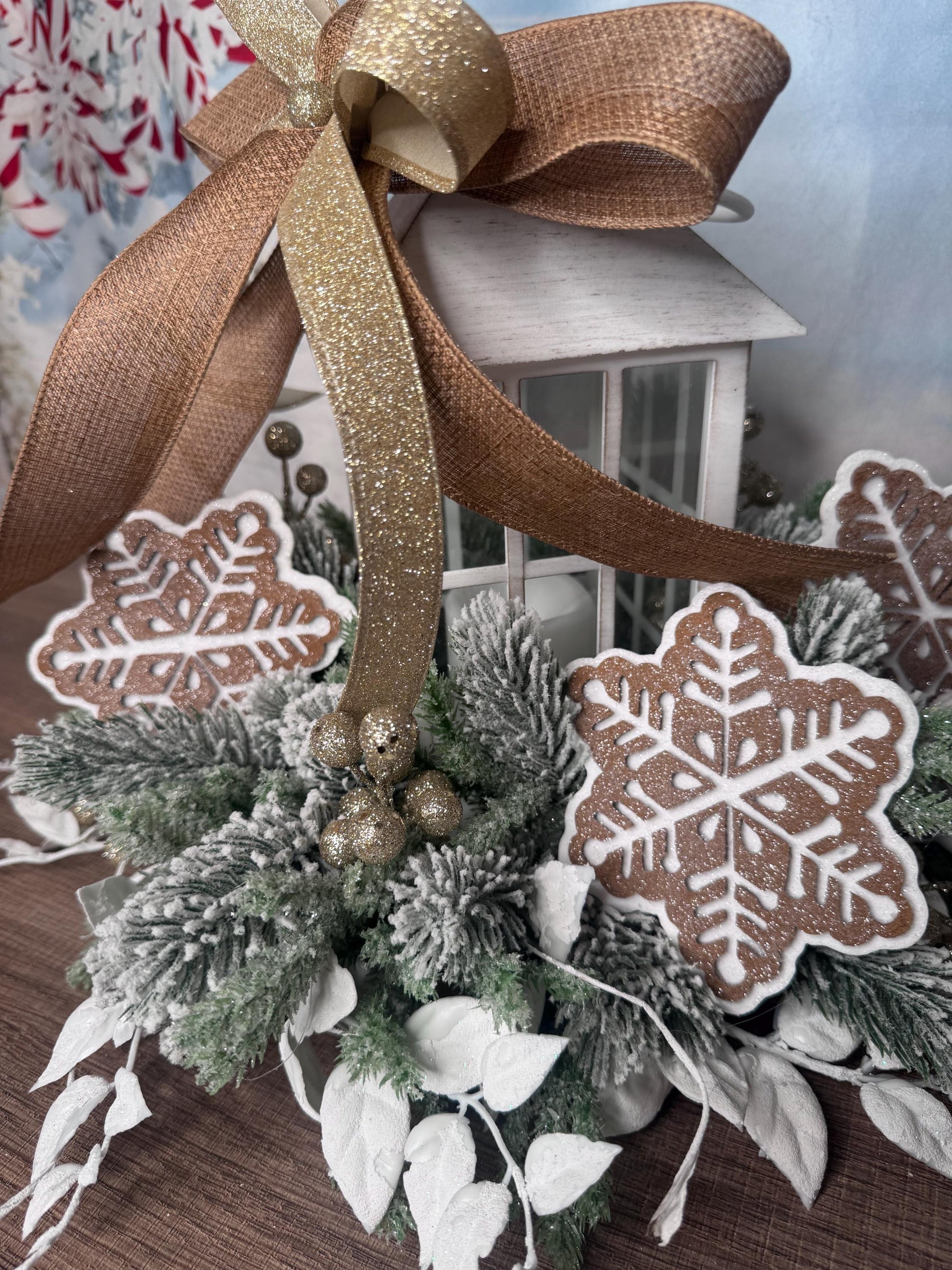 Gingerbread Snowflake Lantern Arrangement, Holiday Table Centerpiece or Mantle Decor, Farmhouse Christmas Table Decor for Outdoor Porch