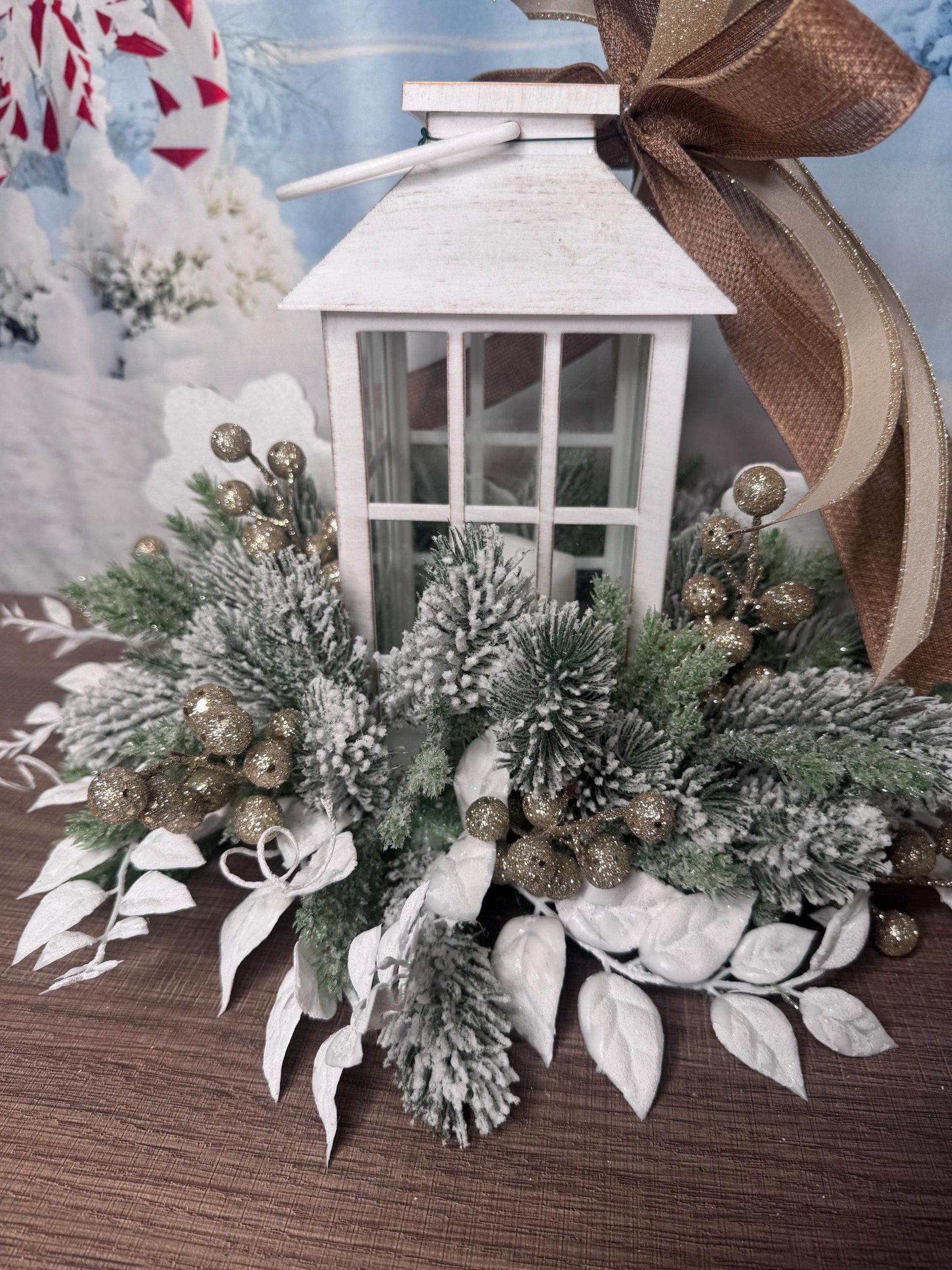 Gingerbread Snowflake Lantern Arrangement, Holiday Table Centerpiece or Mantle Decor, Farmhouse Christmas Table Decor for Outdoor Porch