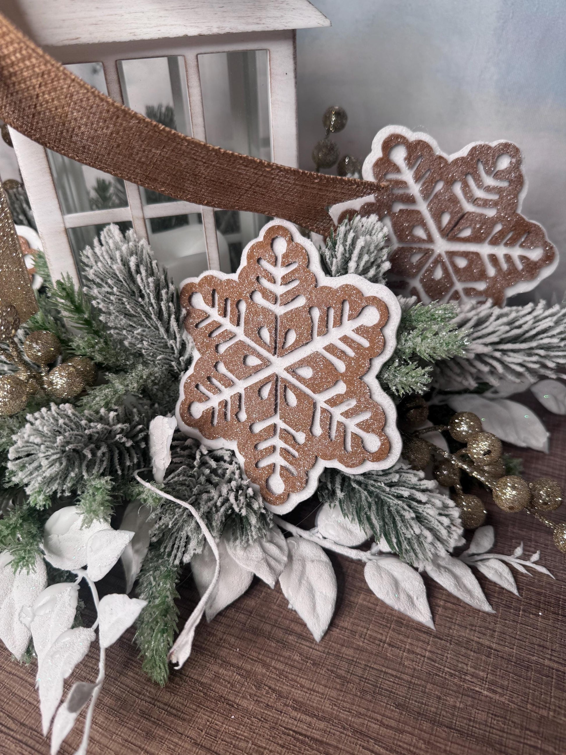 Gingerbread Snowflake Lantern Arrangement, Holiday Table Centerpiece or Mantle Decor, Farmhouse Christmas Table Decor for Outdoor Porch