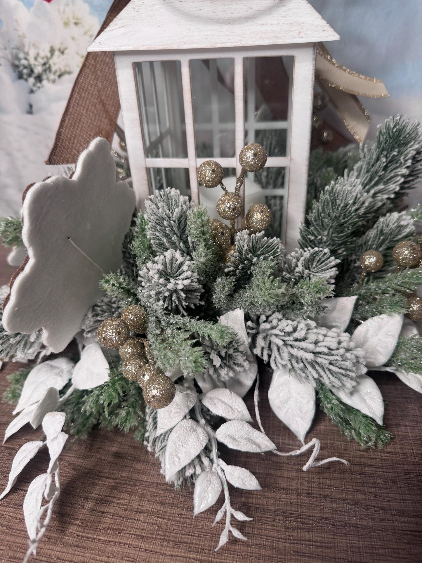 Gingerbread Snowflake Lantern Arrangement, Holiday Table Centerpiece or Mantle Decor, Farmhouse Christmas Table Decor for Outdoor Porch