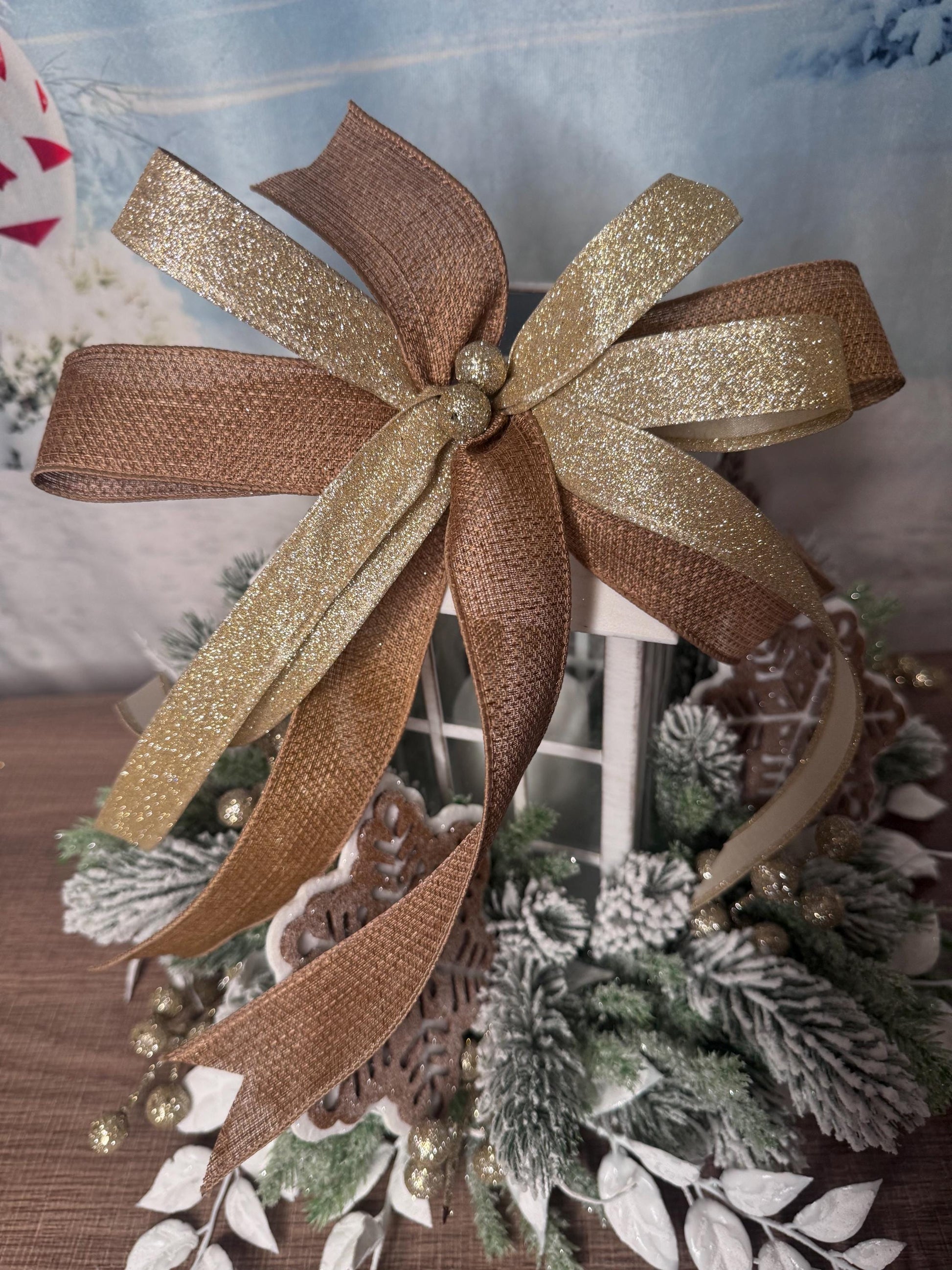 Gingerbread Snowflake Lantern Arrangement, Holiday Table Centerpiece or Mantle Decor, Farmhouse Christmas Table Decor for Outdoor Porch
