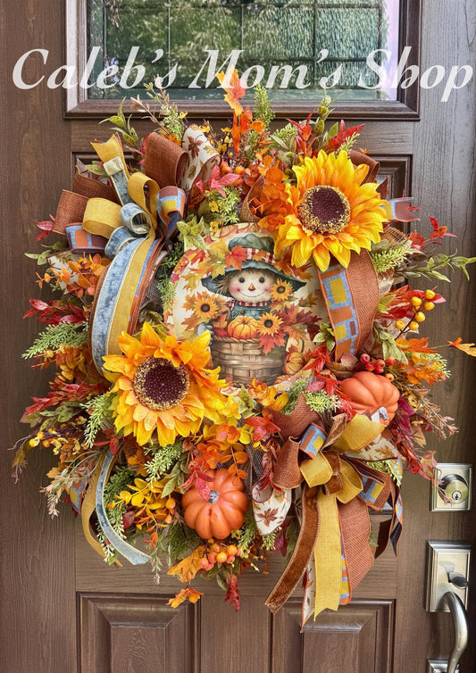 Fall Scarecrow Wreath with Sunflowers, Rustic Autumn Door Decor, Harvest Festival Front Door Decor, Whimsical Fall Scarecrow Wreath