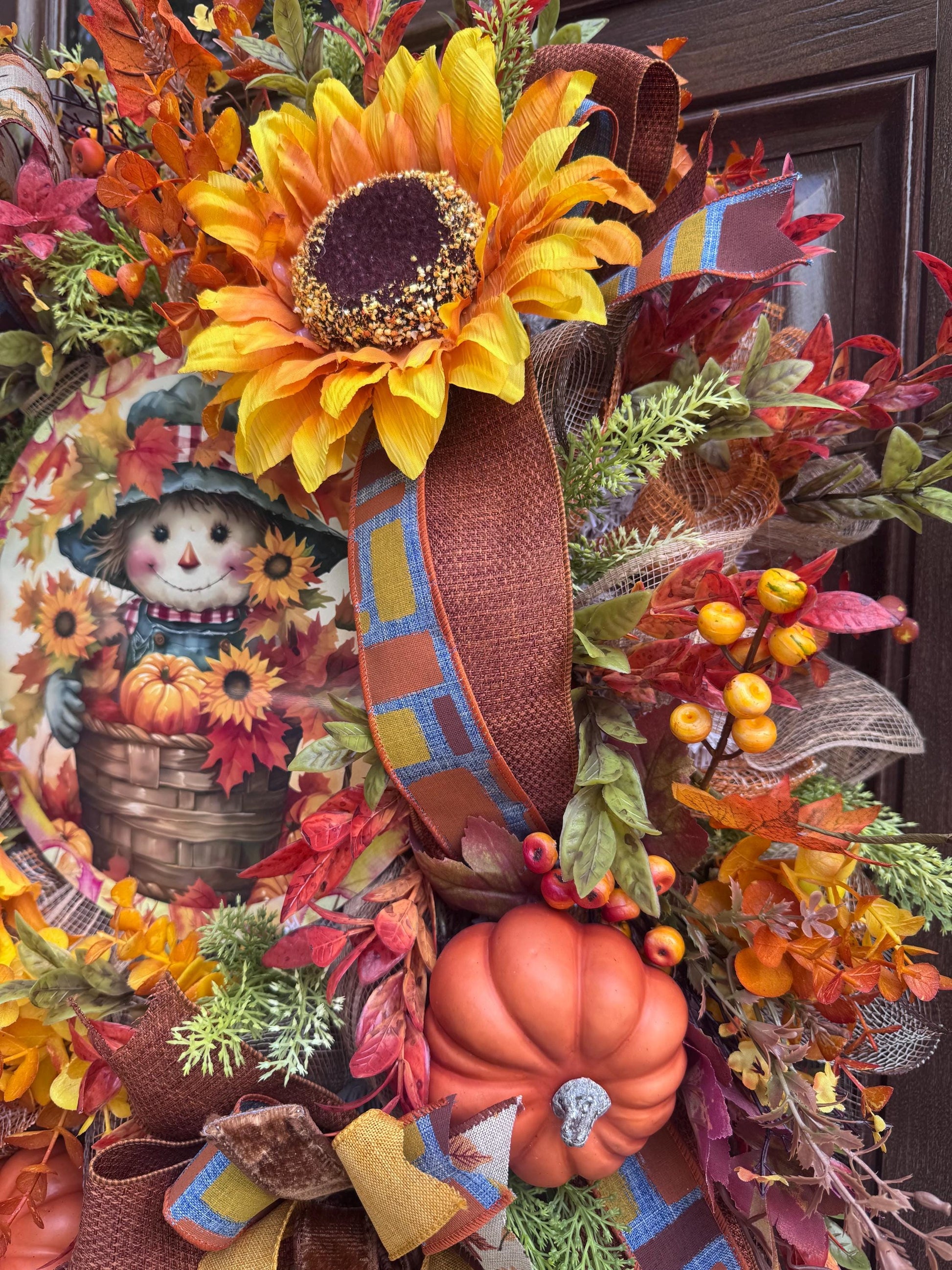 Fall Scarecrow Wreath with Sunflowers, Rustic Autumn Door Decor, Harvest Festival Front Door Decor, Whimsical Fall Scarecrow Wreath