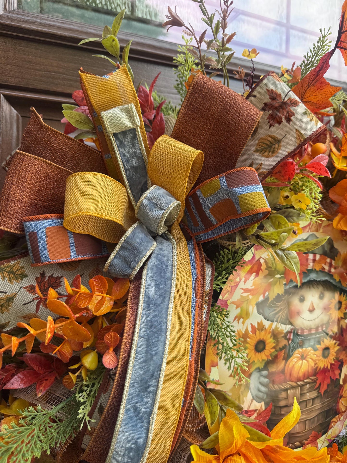 Fall Scarecrow Wreath with Sunflowers, Rustic Autumn Door Decor, Harvest Festival Front Door Decor, Whimsical Fall Scarecrow Wreath
