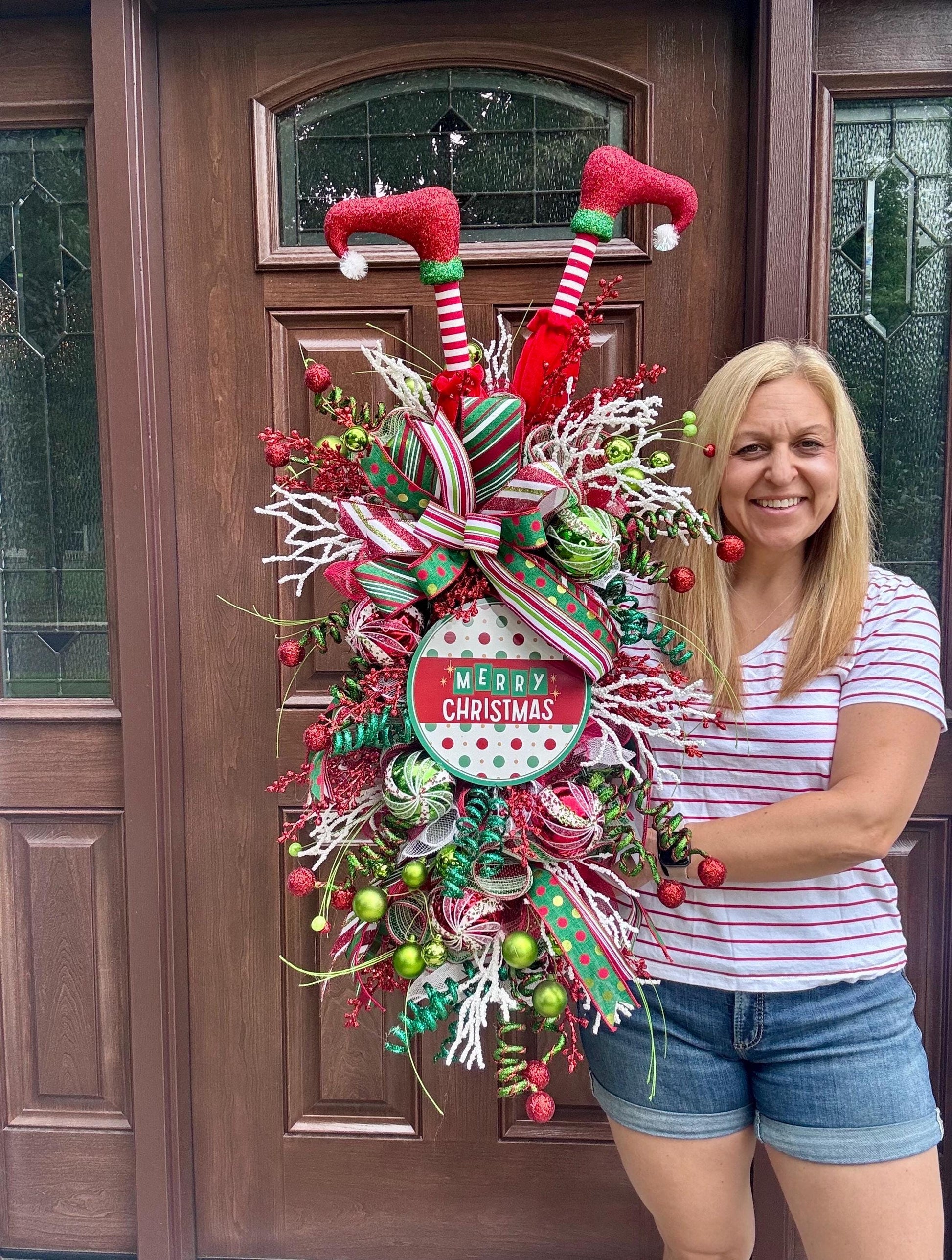 Elf Merry Christmas Swag Wreath for Front Door, Holiday Party Door Decor, Christmas Swag, Whimsical Holiday Door Hanger for Porch or Office
