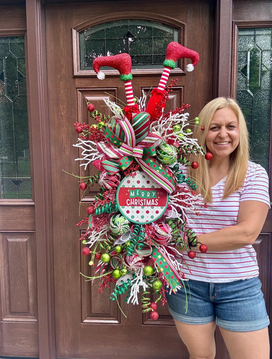 Elf Merry Christmas Swag Wreath for Front Door, Holiday Party Door Decor, Christmas Swag, Whimsical Holiday Door Hanger for Porch or Office