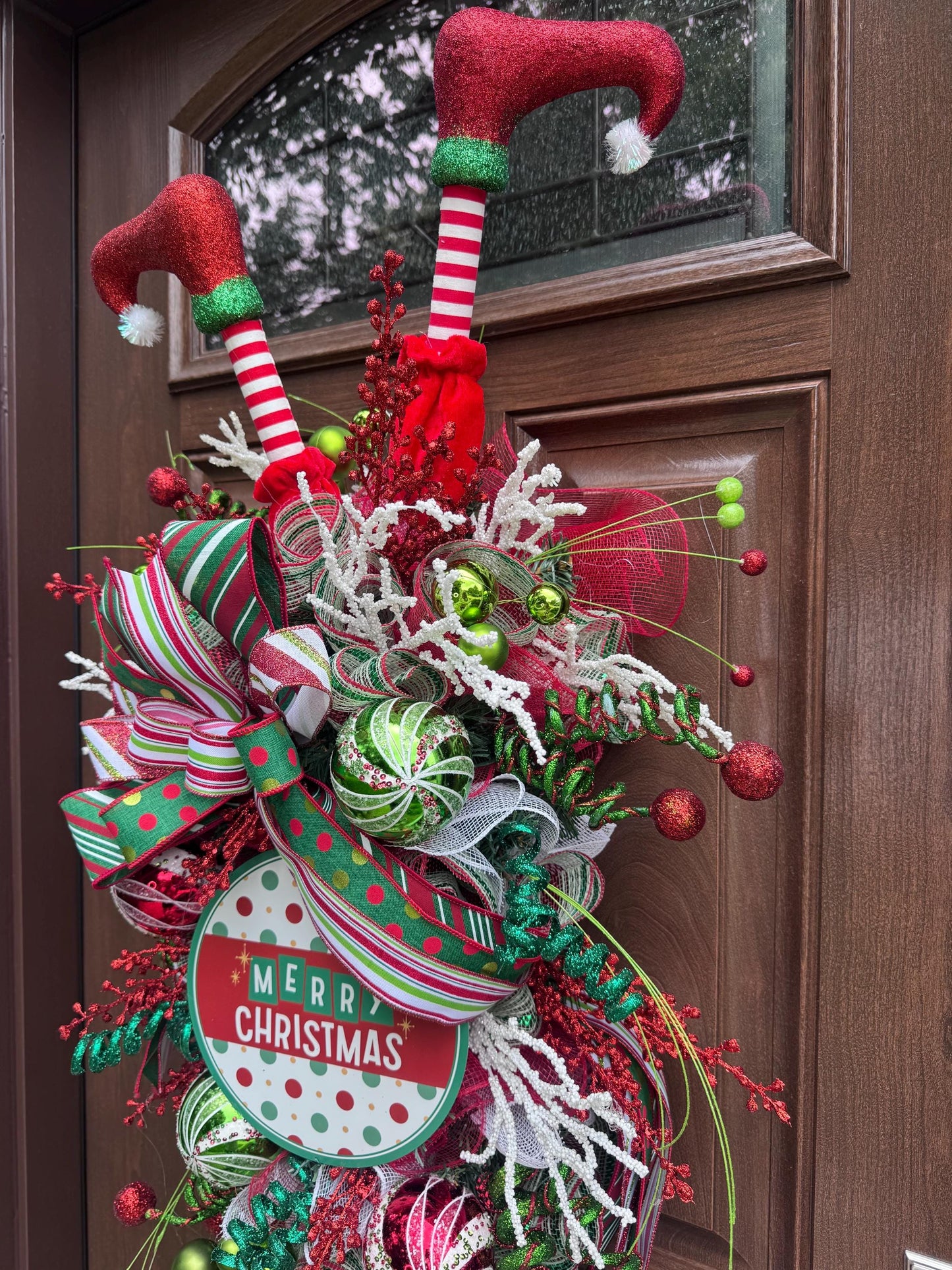 Elf Merry Christmas Swag Wreath for Front Door, Holiday Party Door Decor, Christmas Swag, Whimsical Holiday Door Hanger for Porch or Office