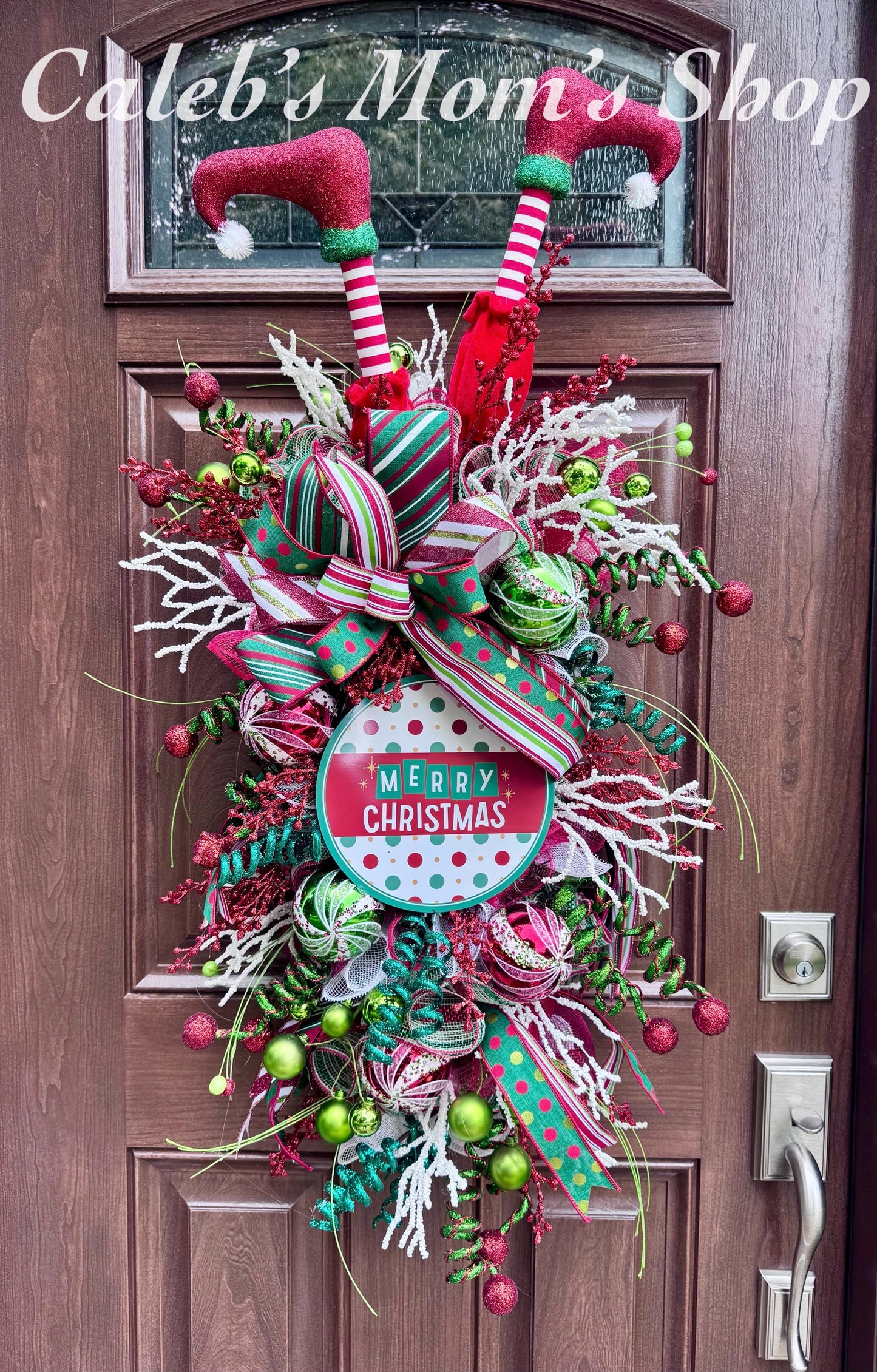 Elf Merry Christmas Swag Wreath for Front Door, Holiday Party Door Decor, Christmas Swag, Whimsical Holiday Door Hanger for Porch or Office