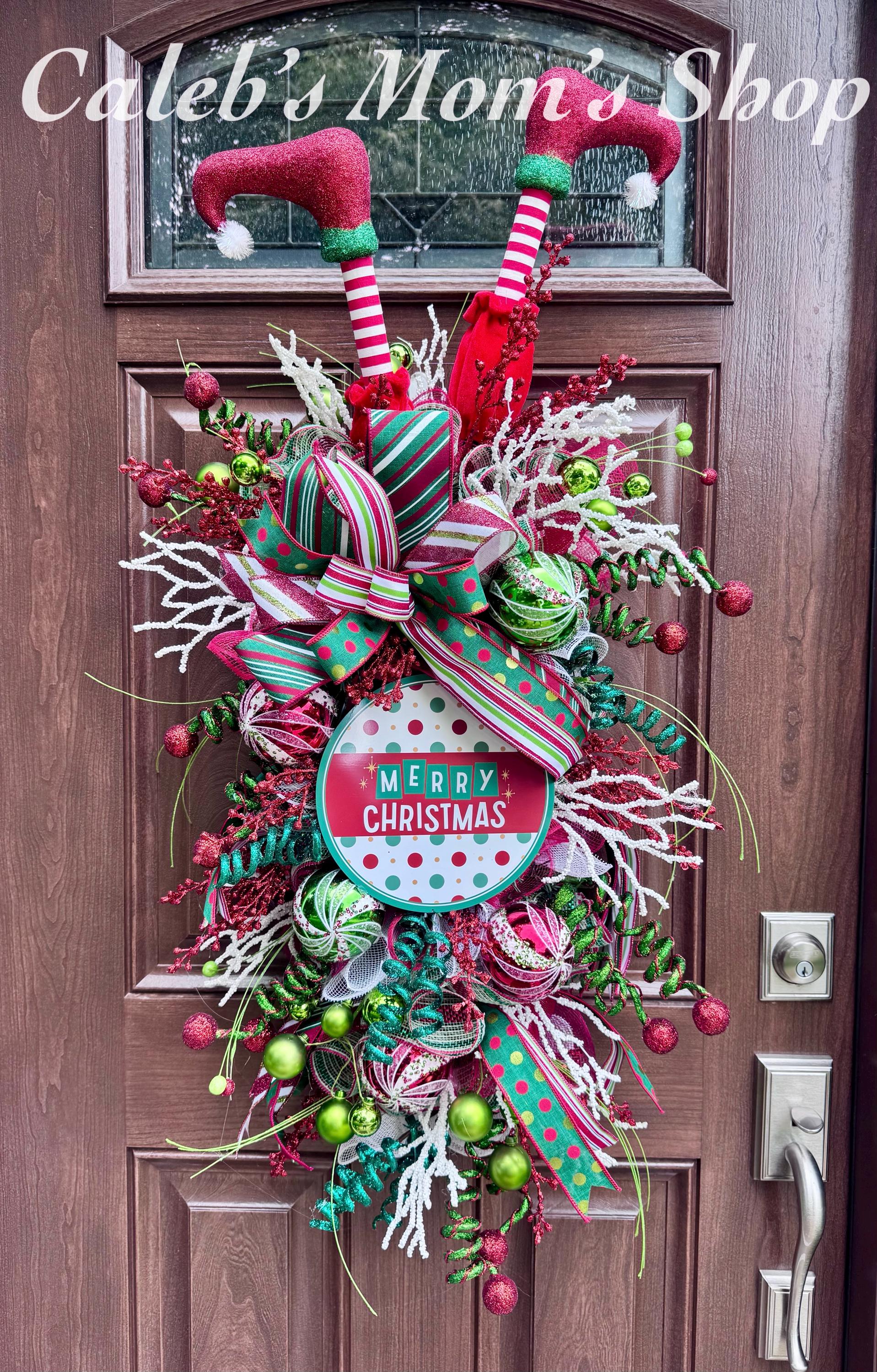 Elf Merry Christmas Swag Wreath for Front Door, Holiday Party Door Decor, Christmas Swag, Whimsical Holiday Door Hanger for Porch or Office