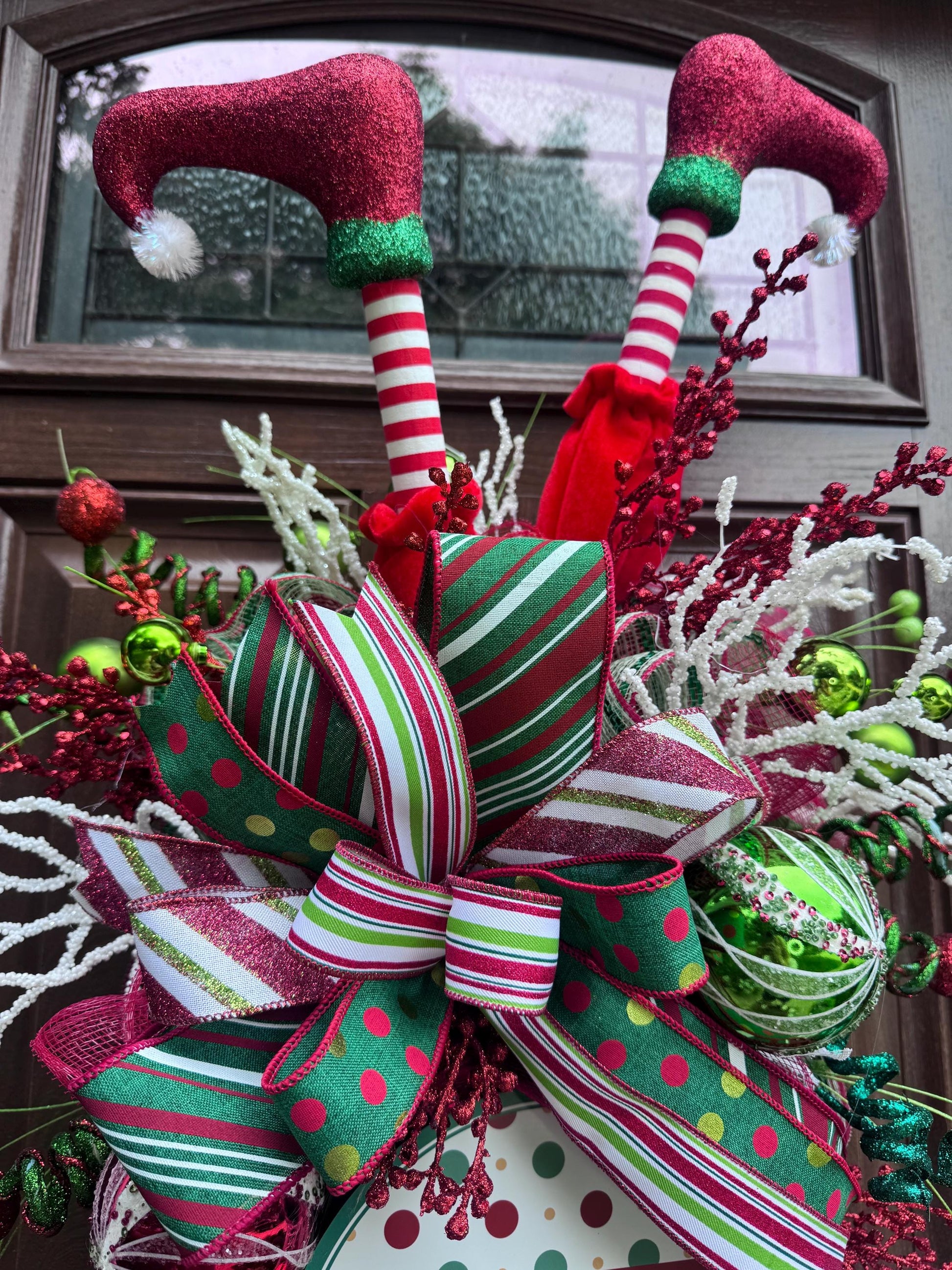 Elf Merry Christmas Swag Wreath for Front Door, Holiday Party Door Decor, Christmas Swag, Whimsical Holiday Door Hanger for Porch or Office