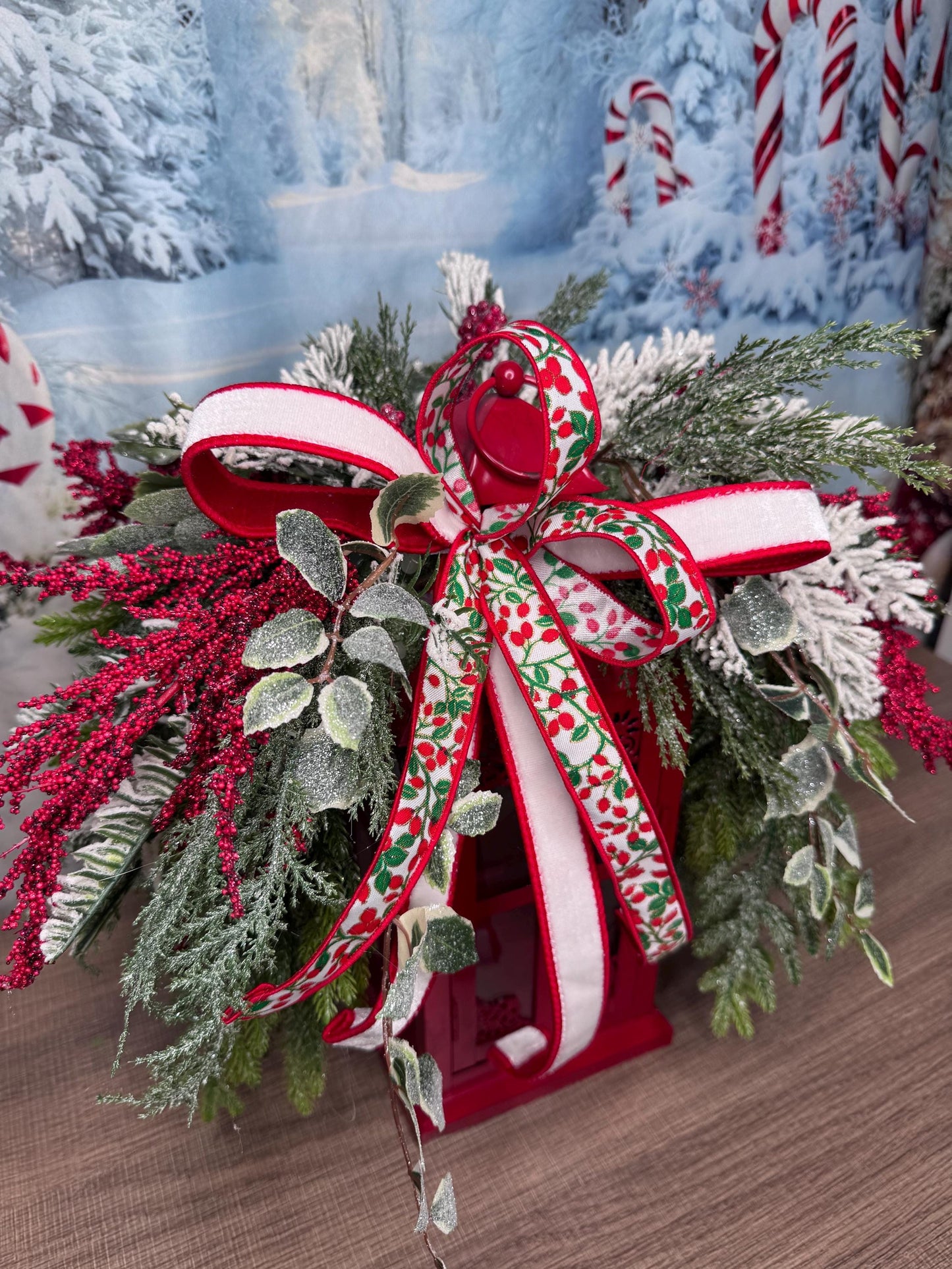 Red Christmas Lantern Arrangement with Holly Ribbon & Winter Greenery, Holiday Table Centerpiece or Mantle Decor, Holiday Decor for Porch
