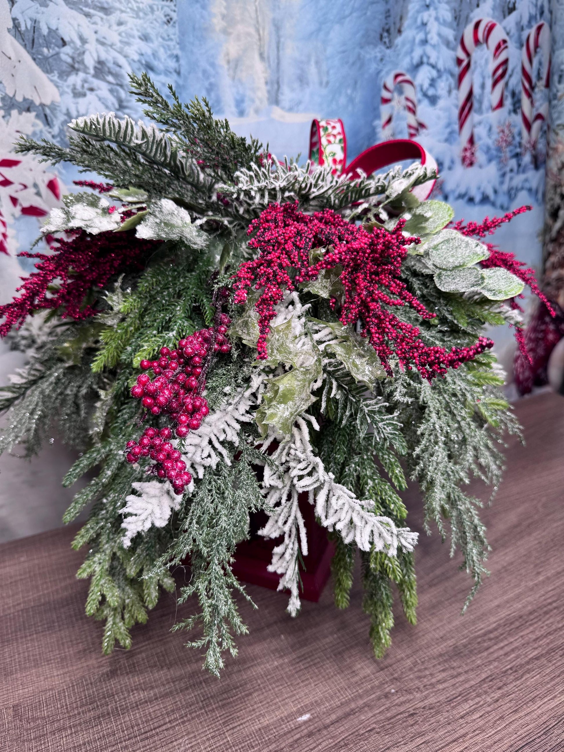 Red Christmas Lantern Arrangement with Holly Ribbon & Winter Greenery, Holiday Table Centerpiece or Mantle Decor, Holiday Decor for Porch