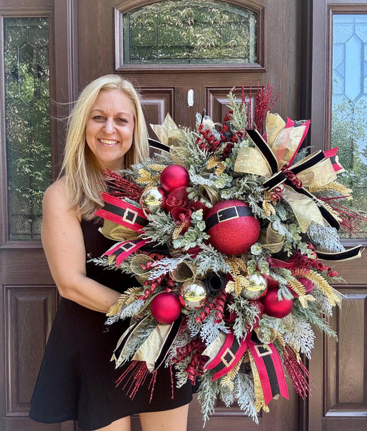 Christmas Wreath with Santa Belt Ornament, Red Gold Winter Holiday Porch Decor, Winter Front Porch Decoration, Festive Wall Hanger