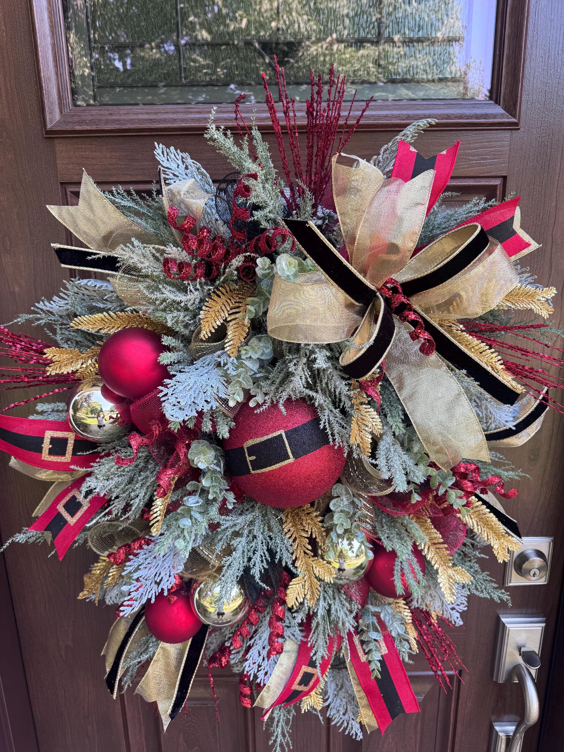 Christmas Wreath with Santa Belt Ornament, Red Gold Winter Holiday Porch Decor, Winter Front Porch Decoration, Festive Wall Hanger