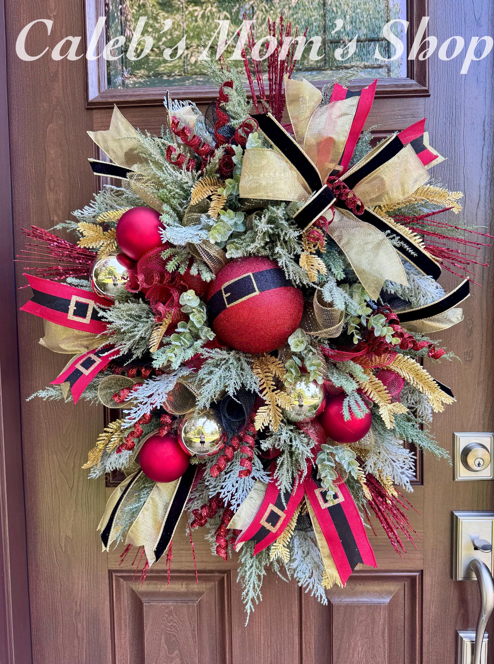 Christmas Wreath with Santa Belt Ornament, Red Gold Winter Holiday Porch Decor, Winter Front Porch Decoration, Festive Wall Hanger