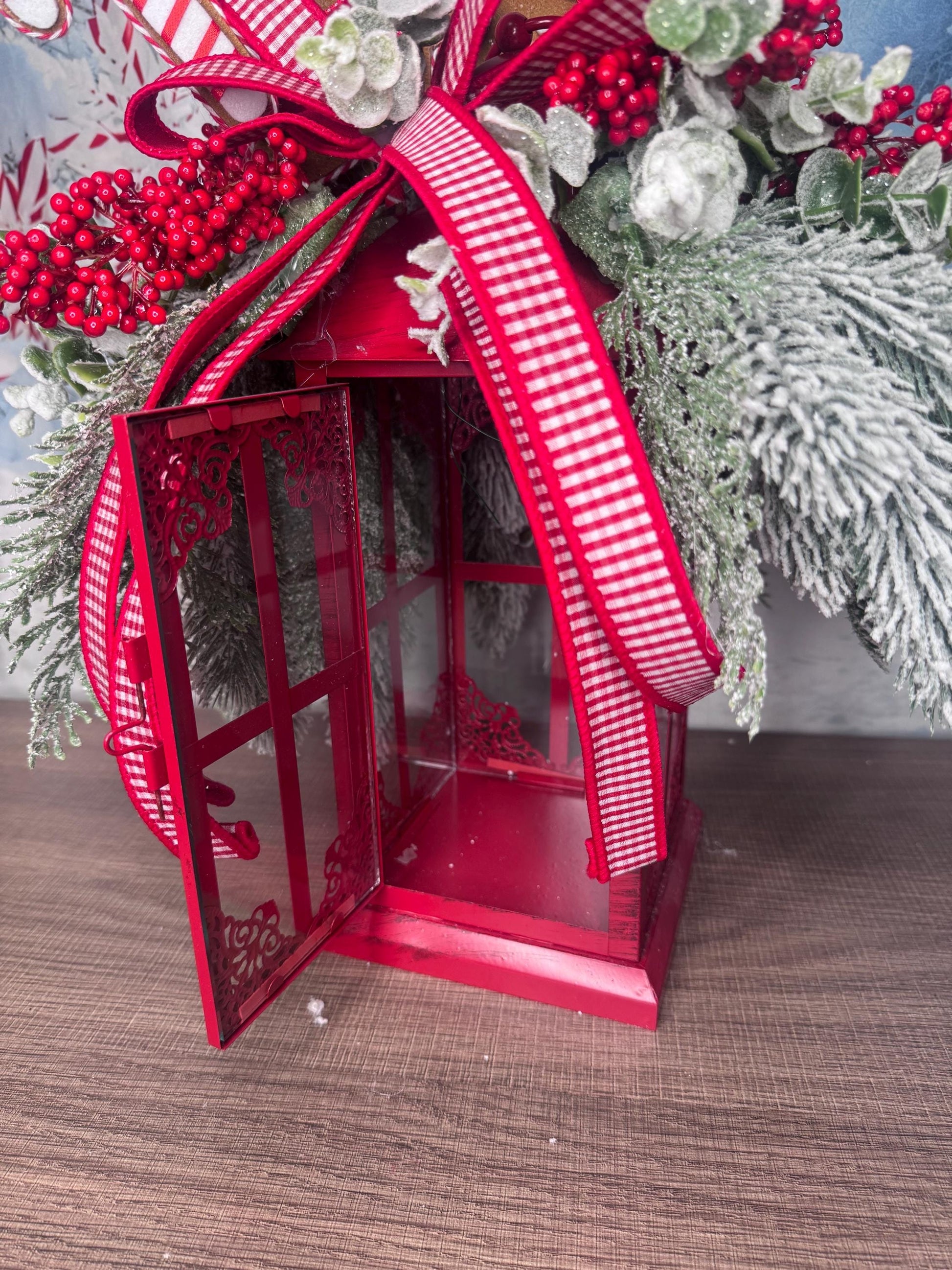 Gingerbread Lantern Table Arrangement, Christmas Centerpiece or Mantle Decor, Traditional Winter Greenery Office Decor