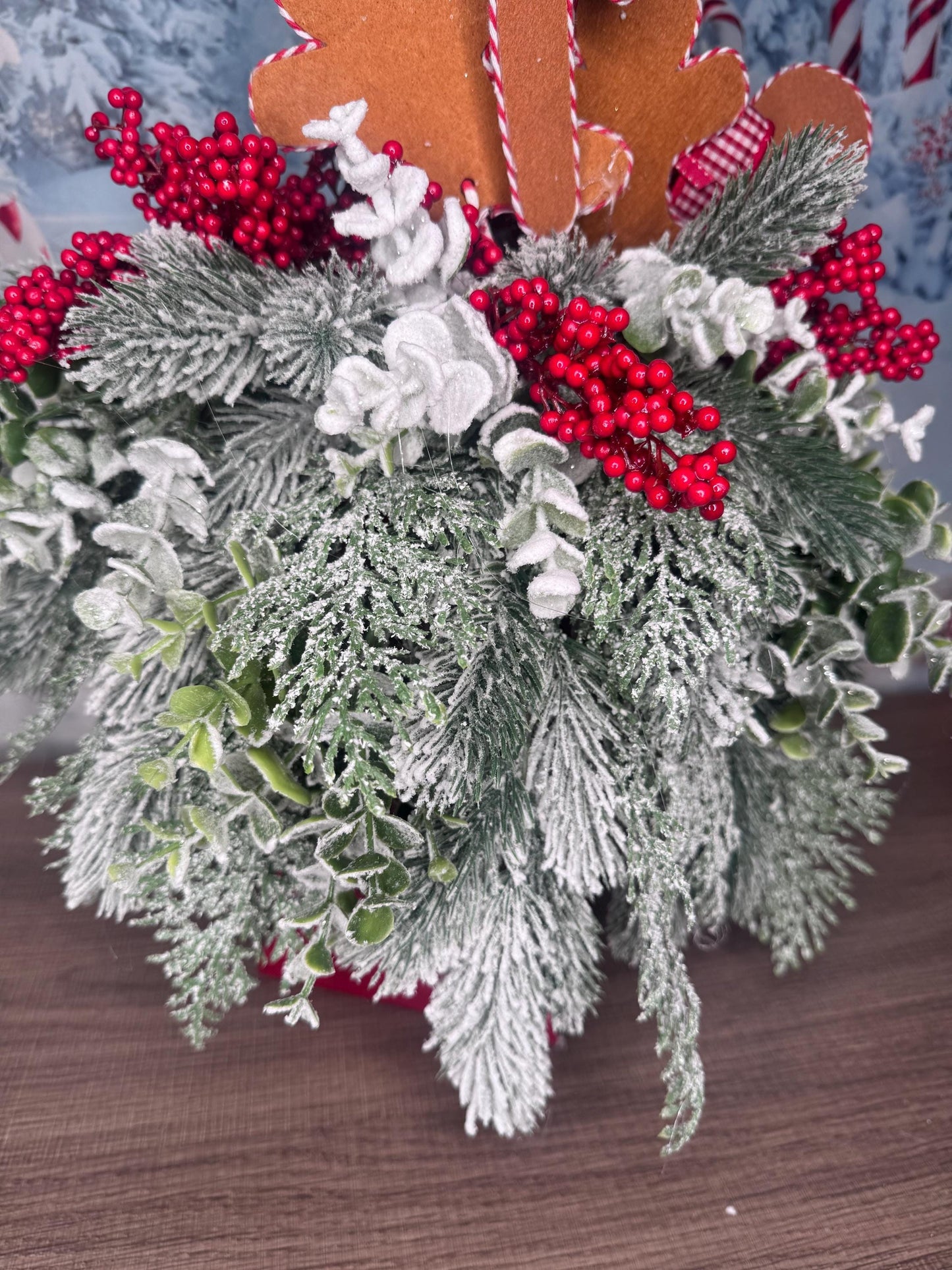 Gingerbread Lantern Table Arrangement, Christmas Centerpiece or Mantle Decor, Traditional Winter Greenery Office Decor