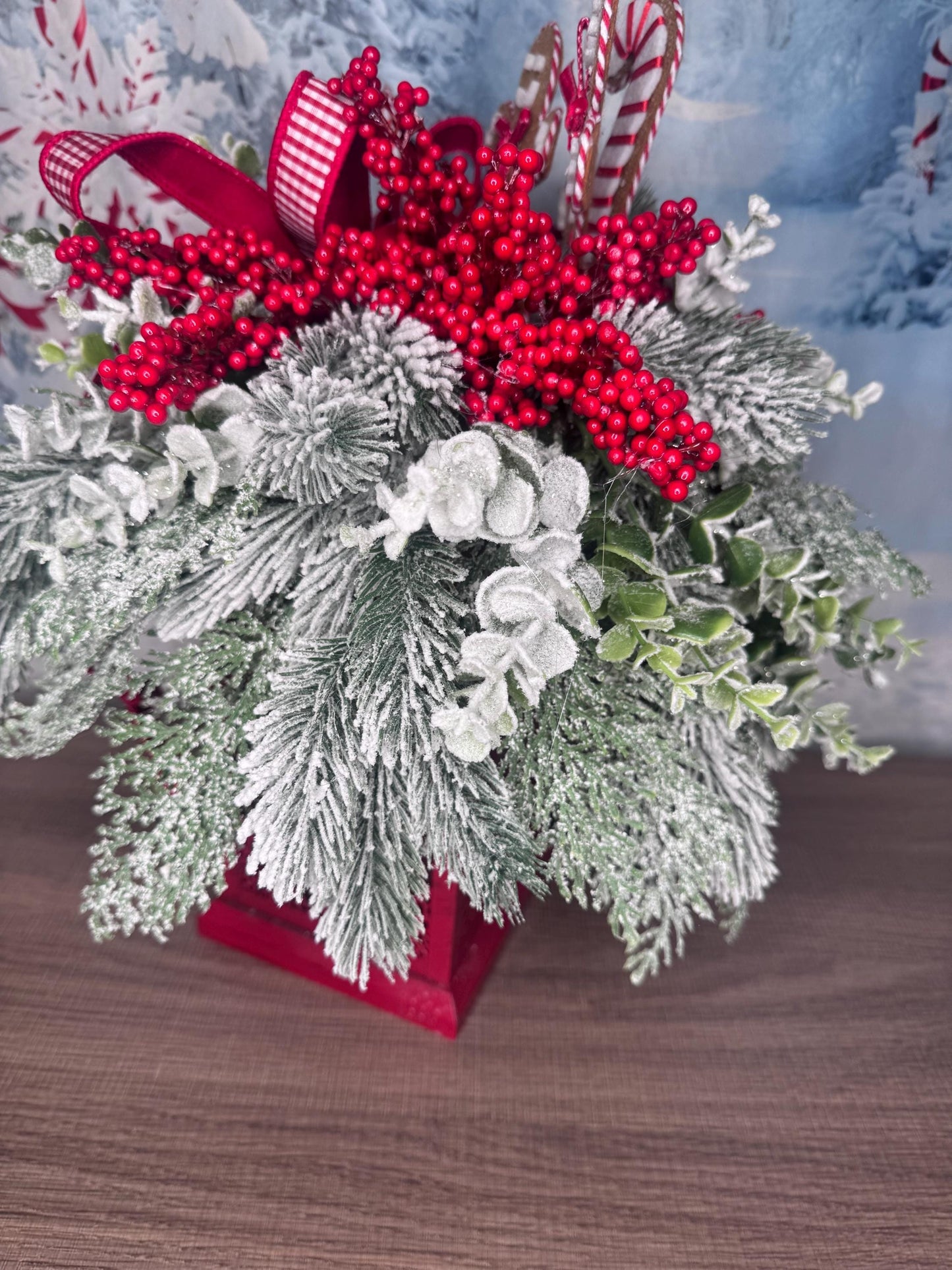 Gingerbread Lantern Table Arrangement, Christmas Centerpiece or Mantle Decor, Traditional Winter Greenery Office Decor
