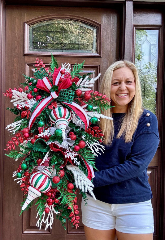 Glam Christmas and Holiday Swag Wreath for Front Door, Traditional Luxury Ornament Home Decor for Porch or Indoor Holiday Wall Hanger