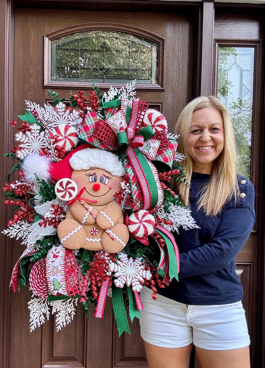 Peppermint Gingerbread Wreath for Front Door Whimsical Christmas Decor for Outdoor Porch or Indoor Office Wall Hanger Holiday Home Decor