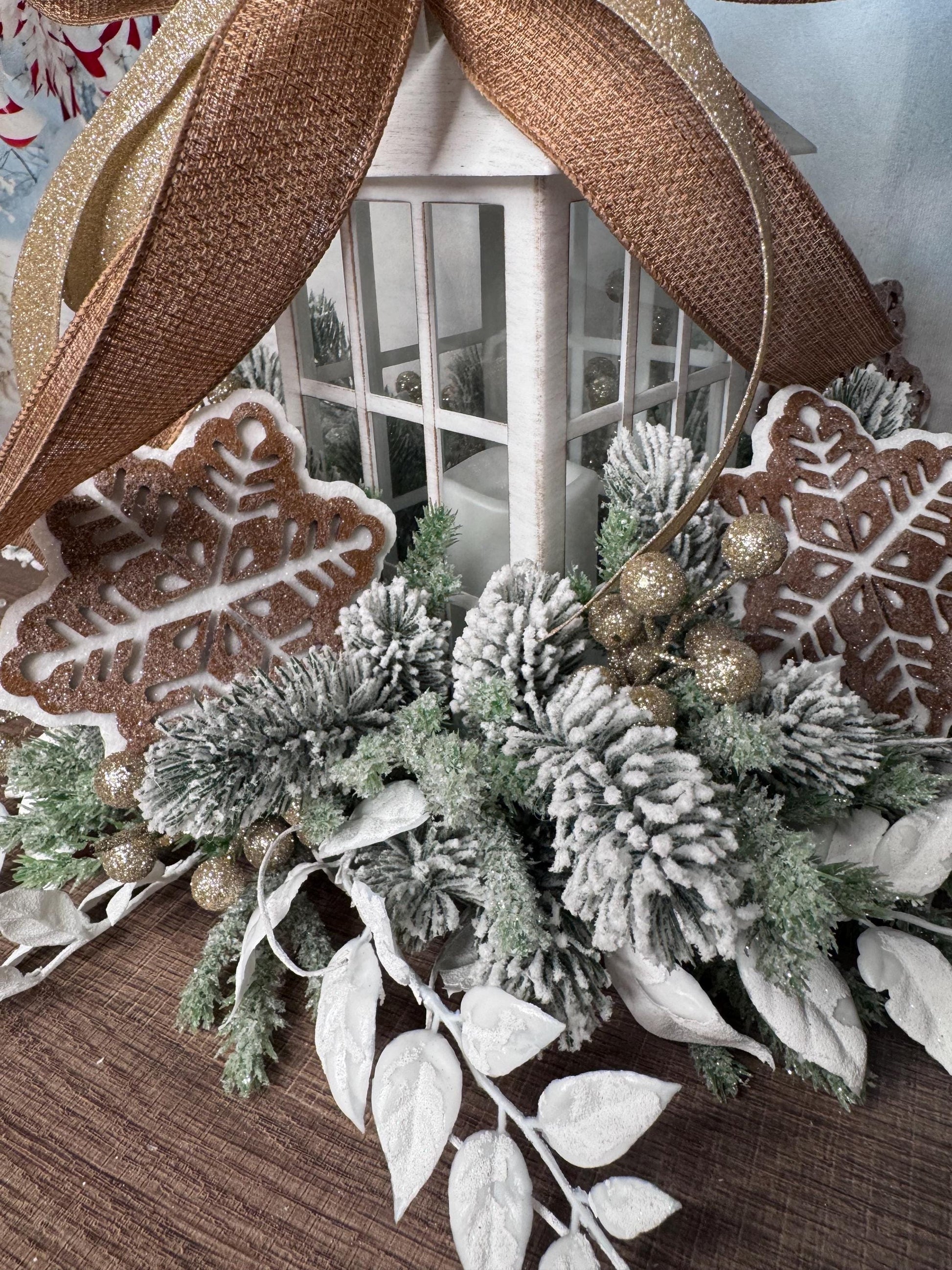 Gingerbread Snowflake Lantern Arrangement, Holiday Table Centerpiece or Mantle Decor, Farmhouse Christmas Table Decor for Outdoor Porch