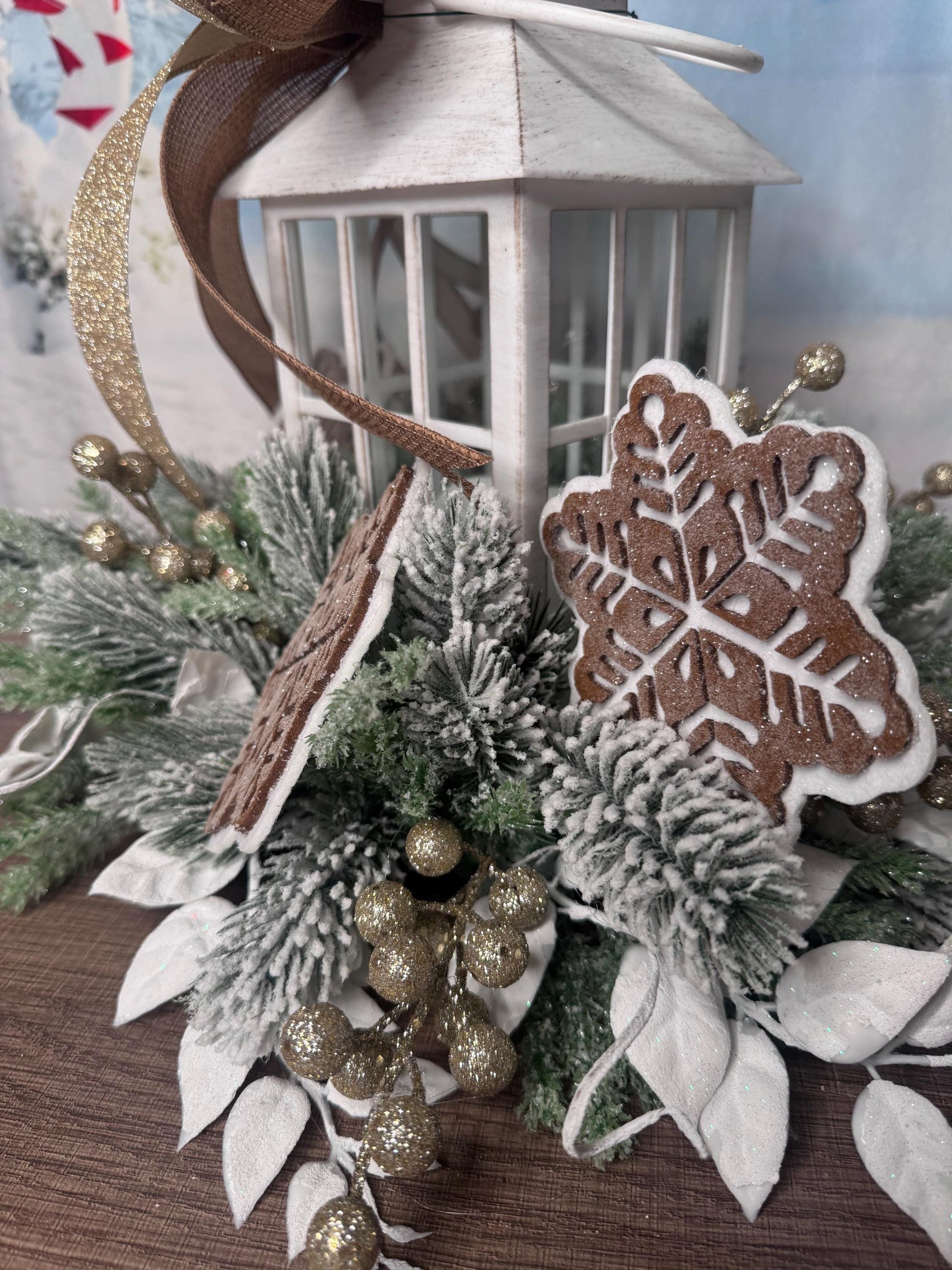 Gingerbread Snowflake Lantern Arrangement, Holiday Table Centerpiece or Mantle Decor, Farmhouse Christmas Table Decor for Outdoor Porch