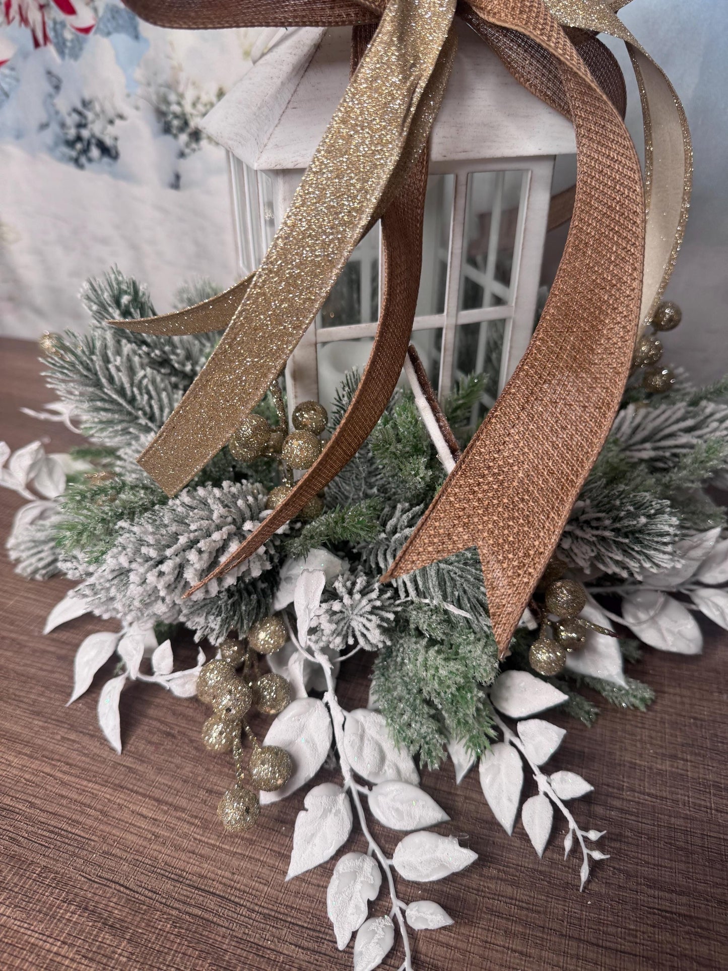 Gingerbread Snowflake Lantern Arrangement, Holiday Table Centerpiece or Mantle Decor, Farmhouse Christmas Table Decor for Outdoor Porch