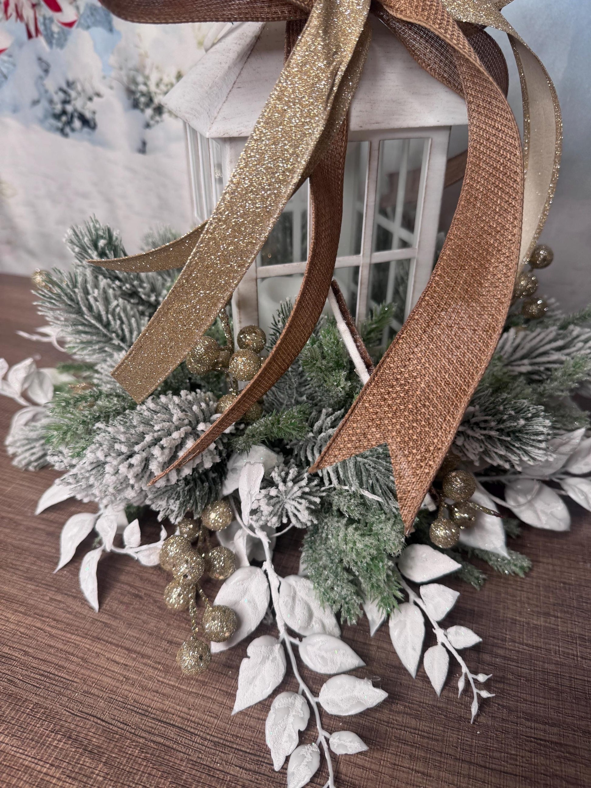 Gingerbread Snowflake Lantern Arrangement, Holiday Table Centerpiece or Mantle Decor, Farmhouse Christmas Table Decor for Outdoor Porch