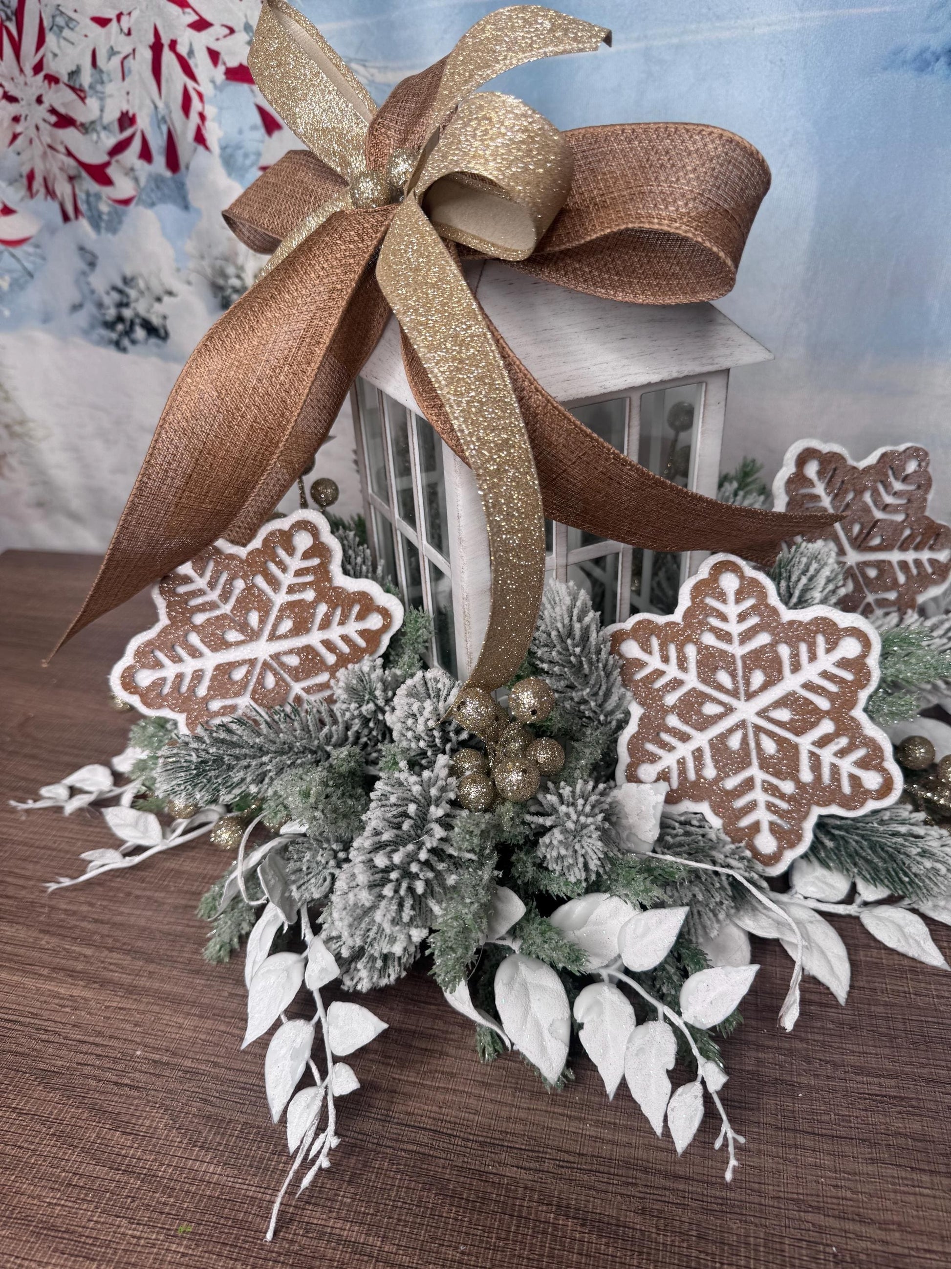 Gingerbread Snowflake Lantern Arrangement, Holiday Table Centerpiece or Mantle Decor, Farmhouse Christmas Table Decor for Outdoor Porch