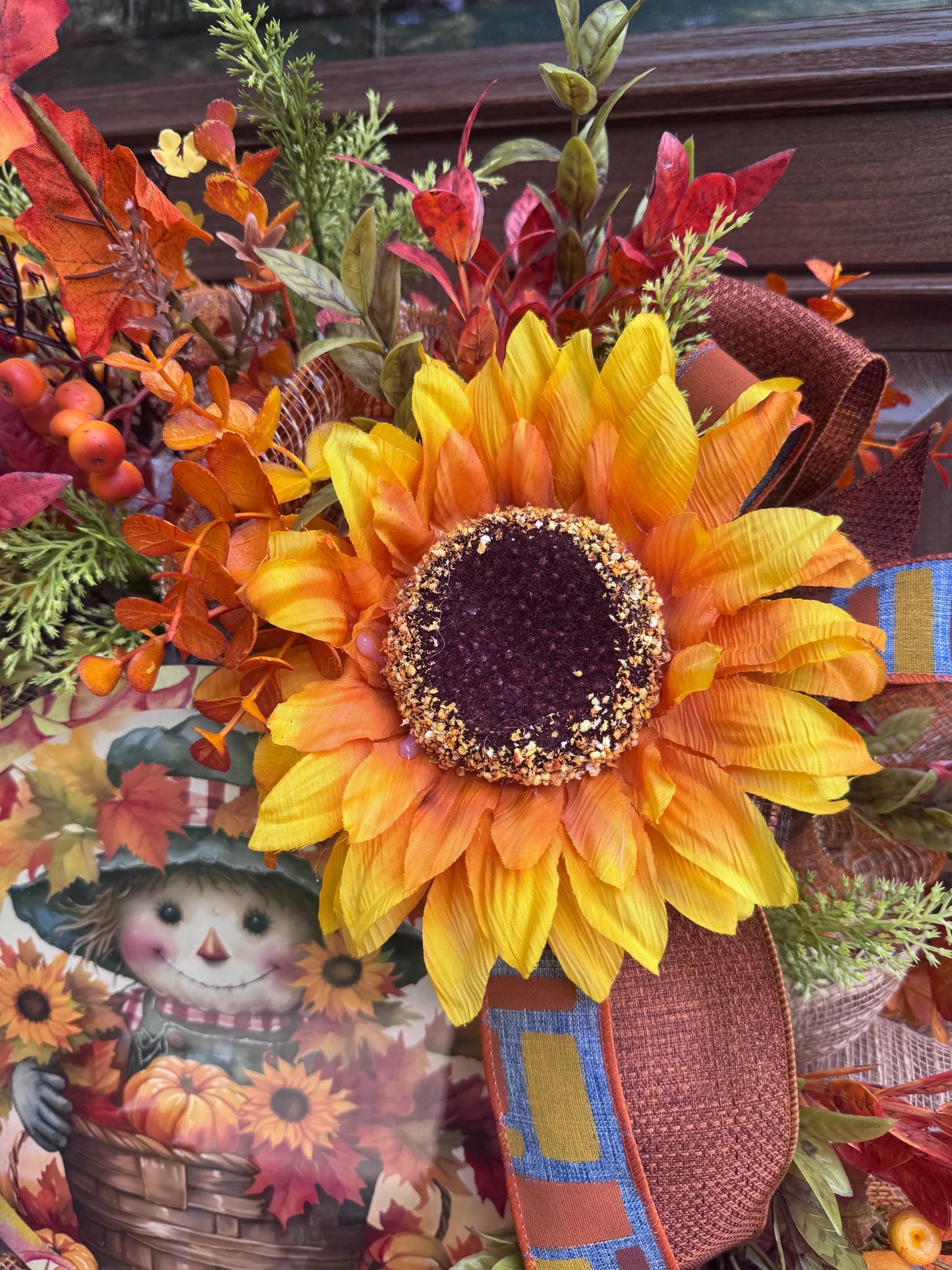 Fall Scarecrow Wreath with Sunflowers, Rustic Autumn Door Decor, Harvest Festival Front Door Decor, Whimsical Fall Scarecrow Wreath