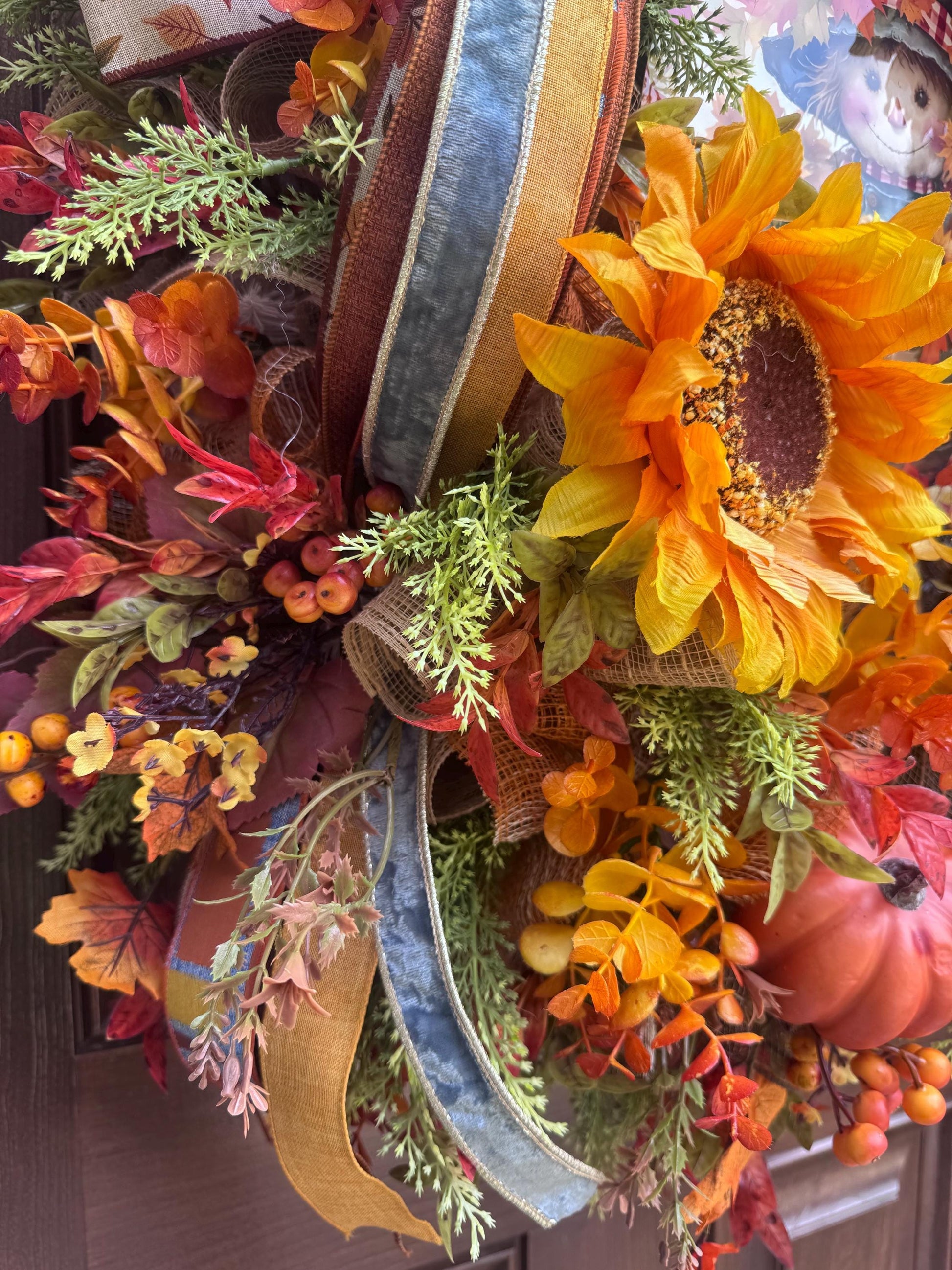 Fall Scarecrow Wreath with Sunflowers, Rustic Autumn Door Decor, Harvest Festival Front Door Decor, Whimsical Fall Scarecrow Wreath