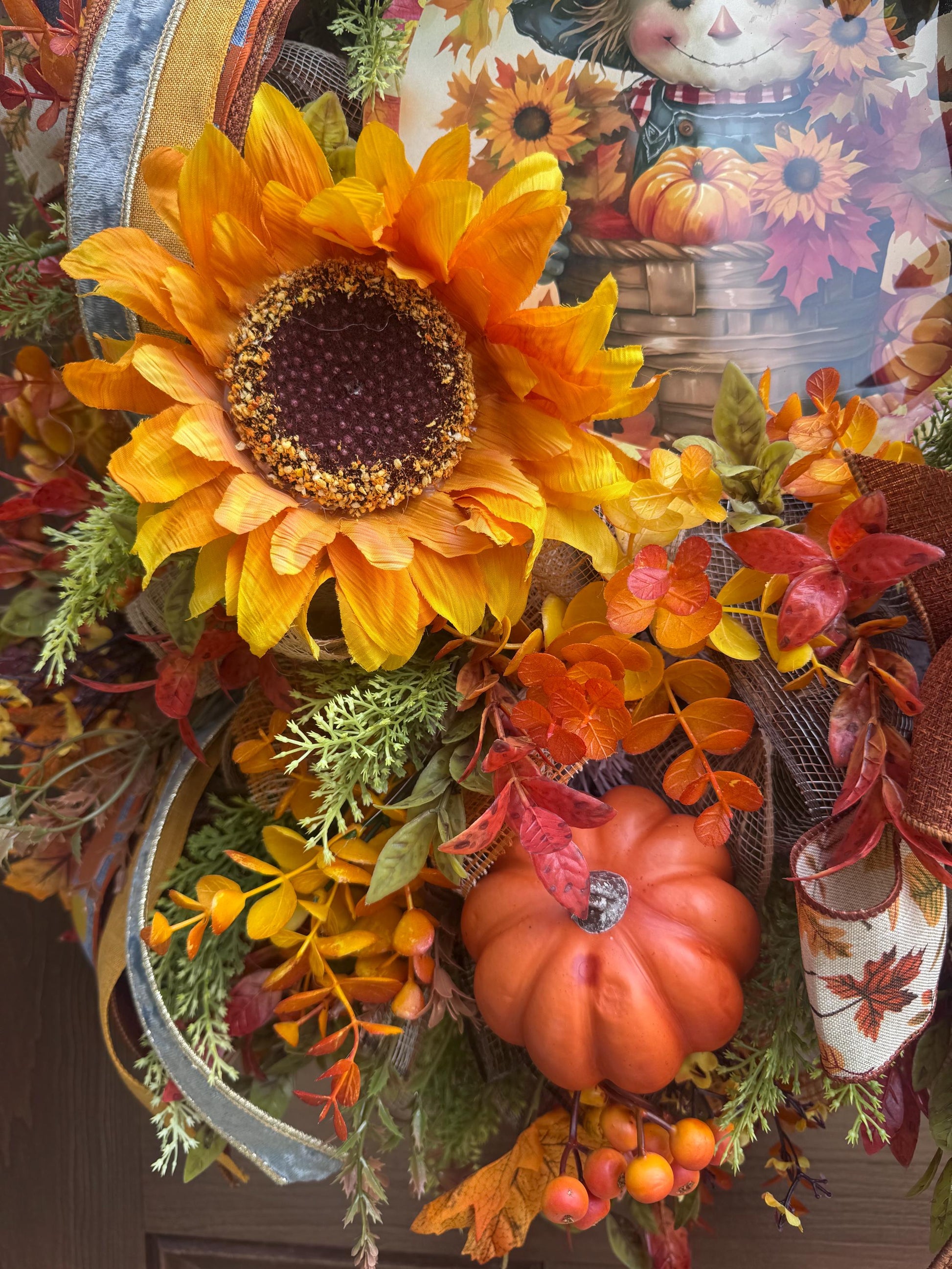 Fall Scarecrow Wreath with Sunflowers, Rustic Autumn Door Decor, Harvest Festival Front Door Decor, Whimsical Fall Scarecrow Wreath