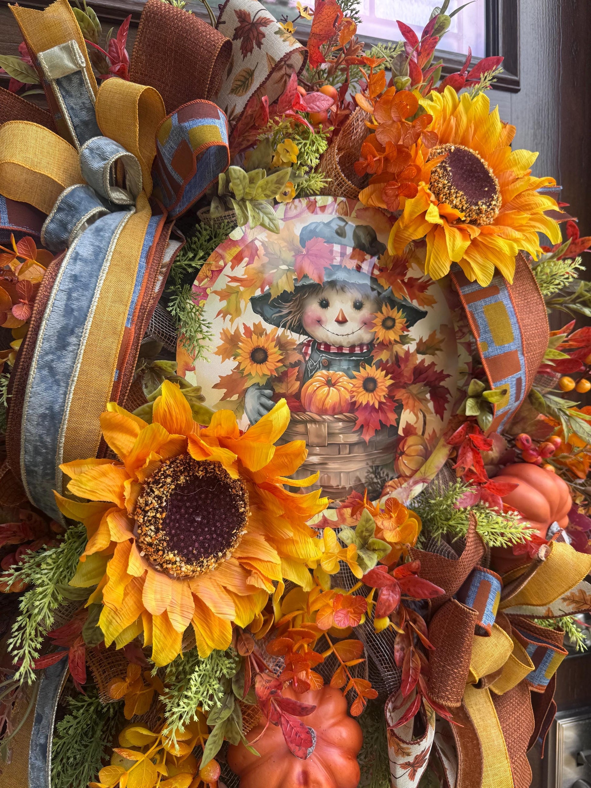 Fall Scarecrow Wreath with Sunflowers, Rustic Autumn Door Decor, Harvest Festival Front Door Decor, Whimsical Fall Scarecrow Wreath