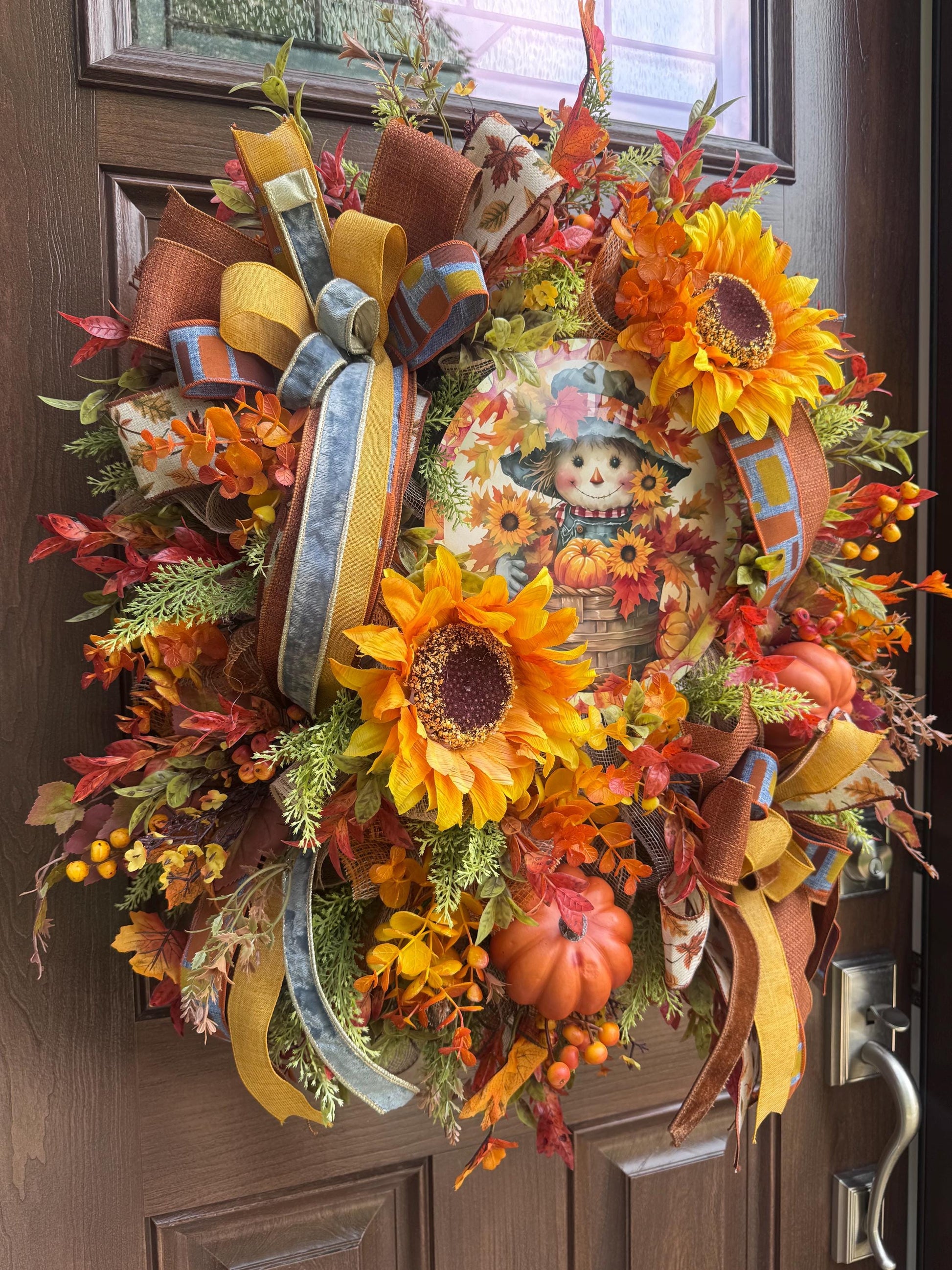 Fall Scarecrow Wreath with Sunflowers, Rustic Autumn Door Decor, Harvest Festival Front Door Decor, Whimsical Fall Scarecrow Wreath