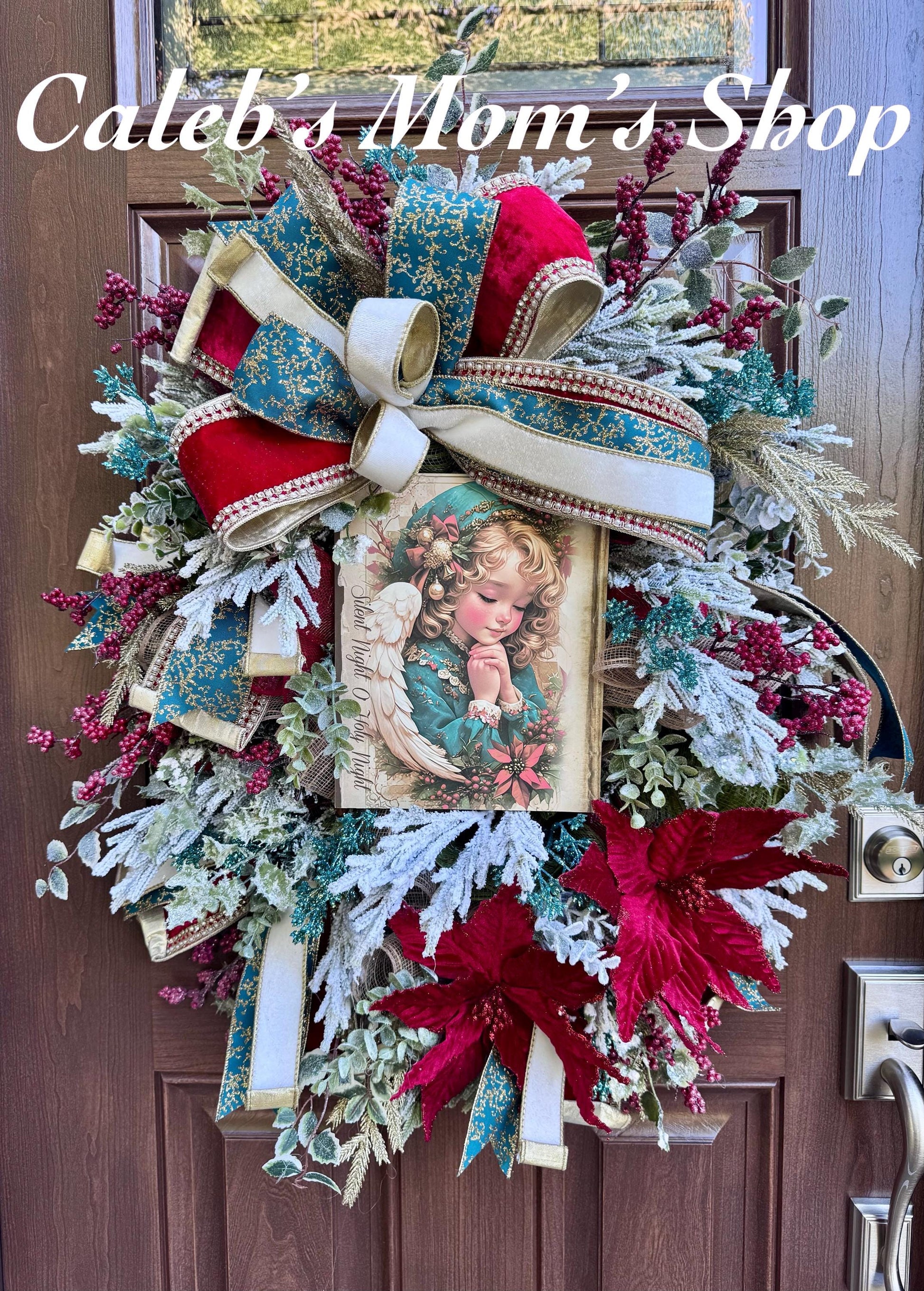 Victorian Angel Christmas Wreath for Front Door, Elegant Holiday Door Decor for Entryway, Traditional Winter Wall Art for Front Porch