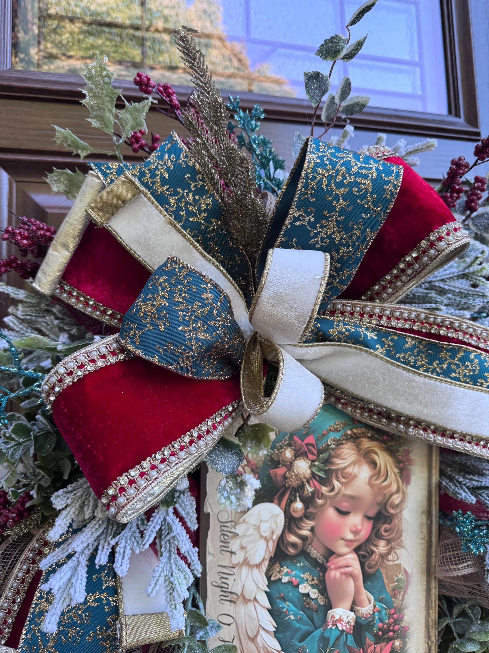 Victorian Angel Christmas Wreath for Front Door, Elegant Holiday Door Decor for Entryway, Traditional Winter Wall Art for Front Porch