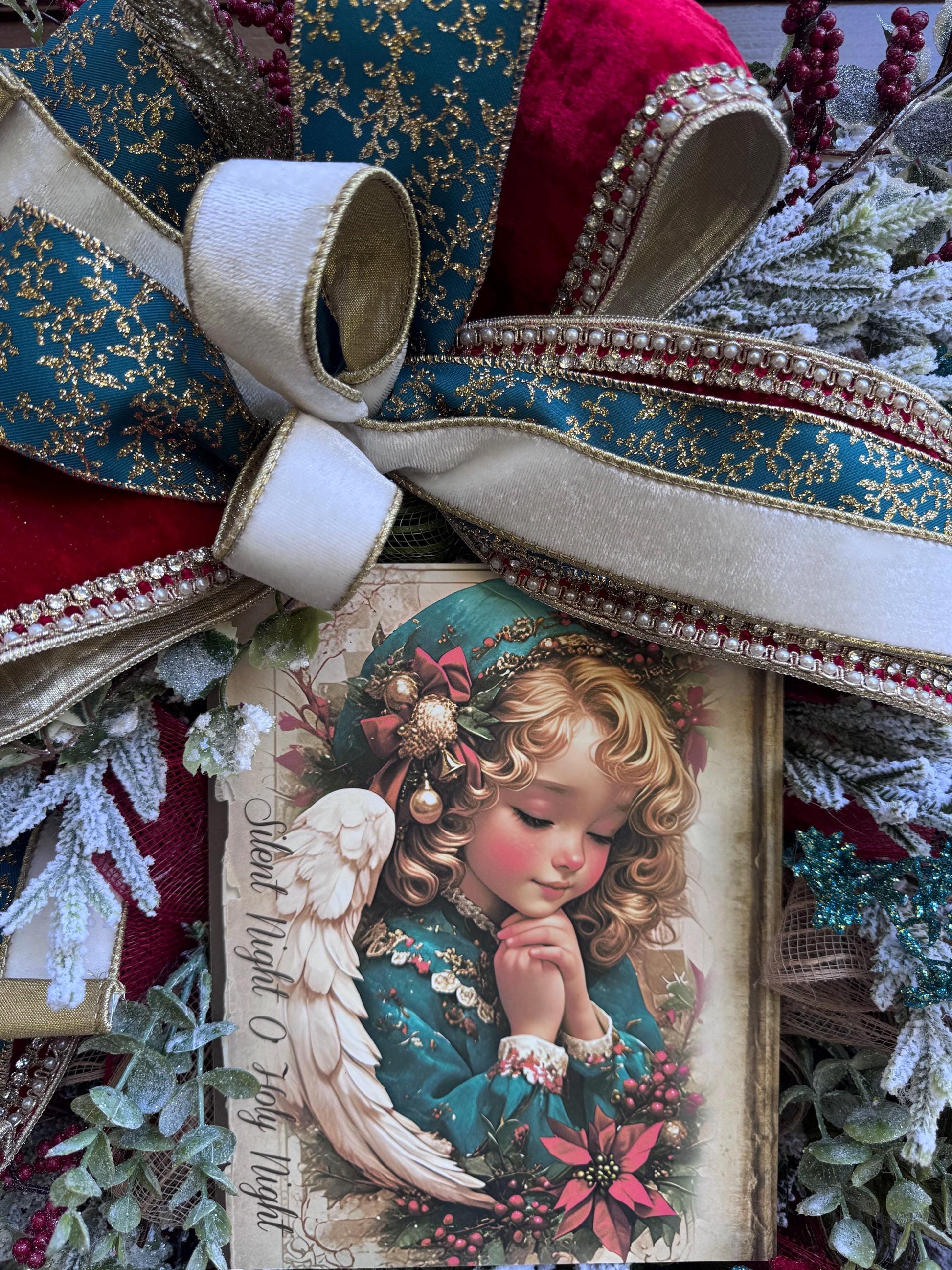 Victorian Angel Christmas Wreath for Front Door, Elegant Holiday Door Decor for Entryway, Traditional Winter Wall Art for Front Porch