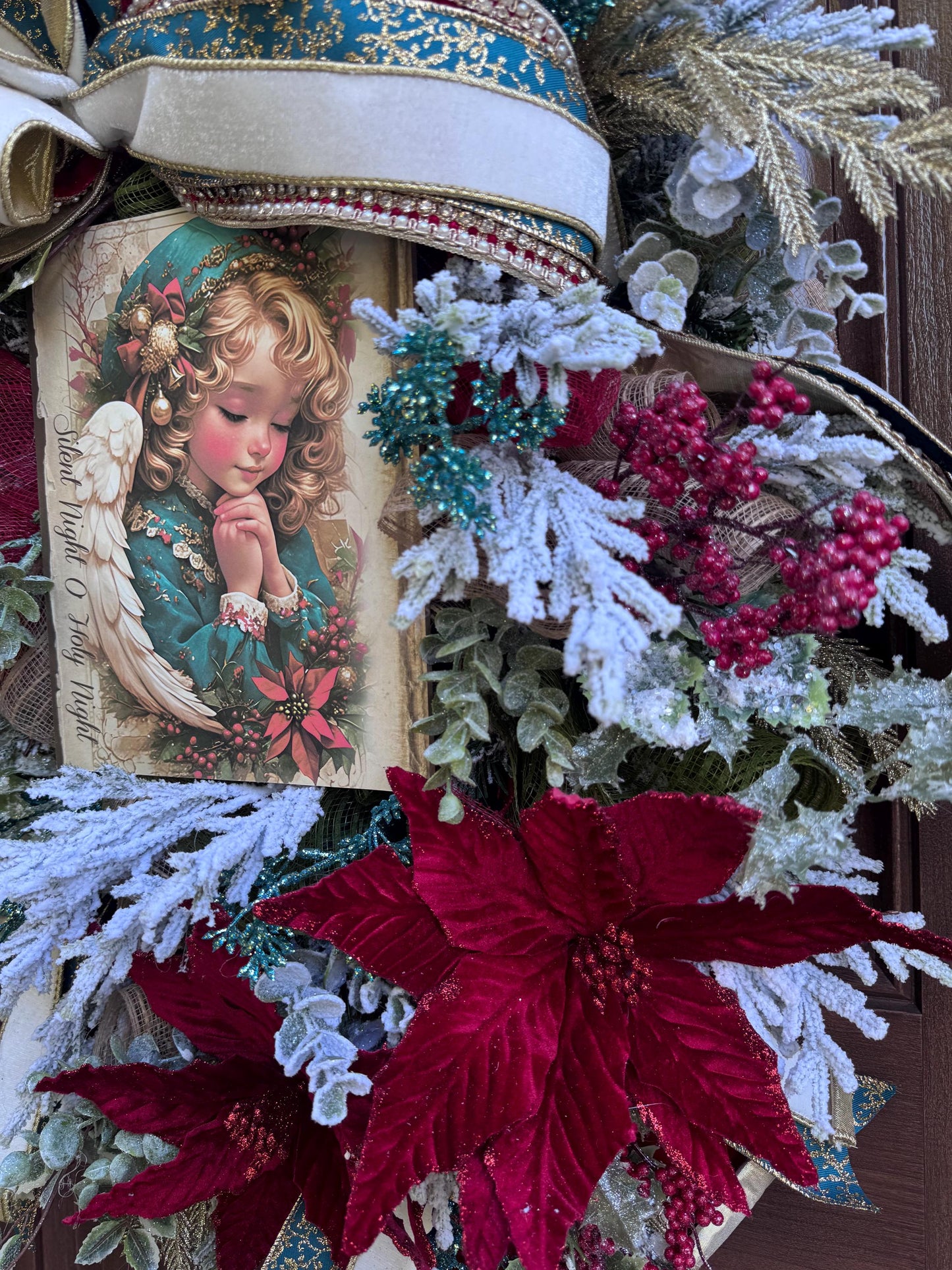 Victorian Angel Christmas Wreath for Front Door, Elegant Holiday Door Decor for Entryway, Traditional Winter Wall Art for Front Porch