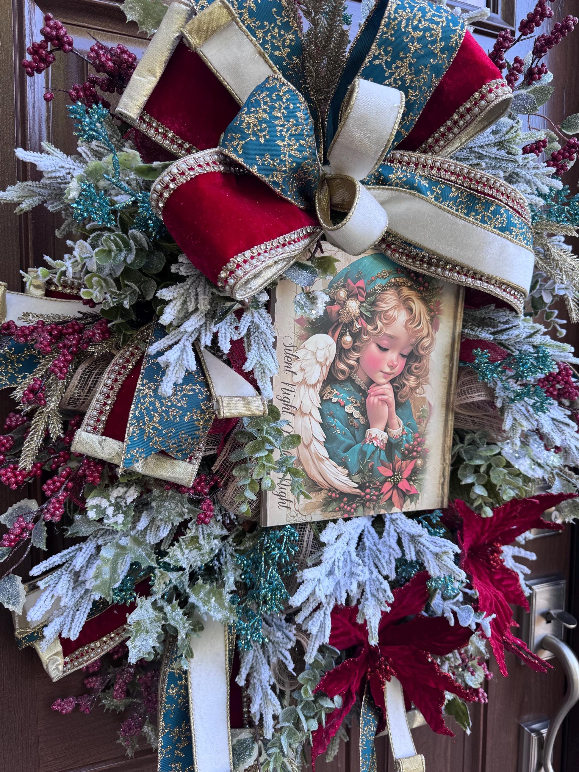 Victorian Angel Christmas Wreath for Front Door, Elegant Holiday Door Decor for Entryway, Traditional Winter Wall Art for Front Porch