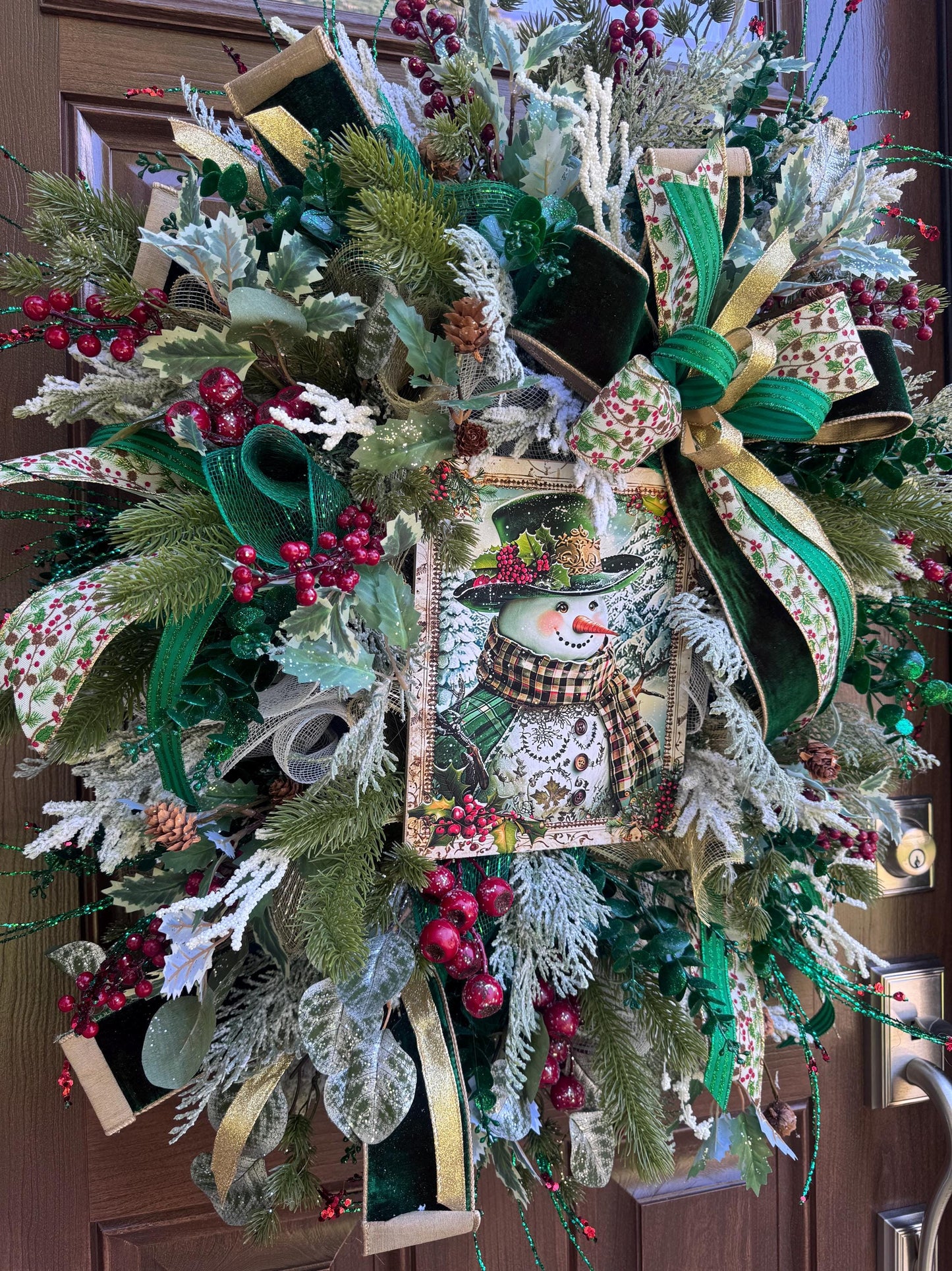 Snowman Winter Wreath for Front Door, Christmas Home Decor for Outdoor Porch or Indoor Office Wall Hanging, Green and White Snowman Decor
