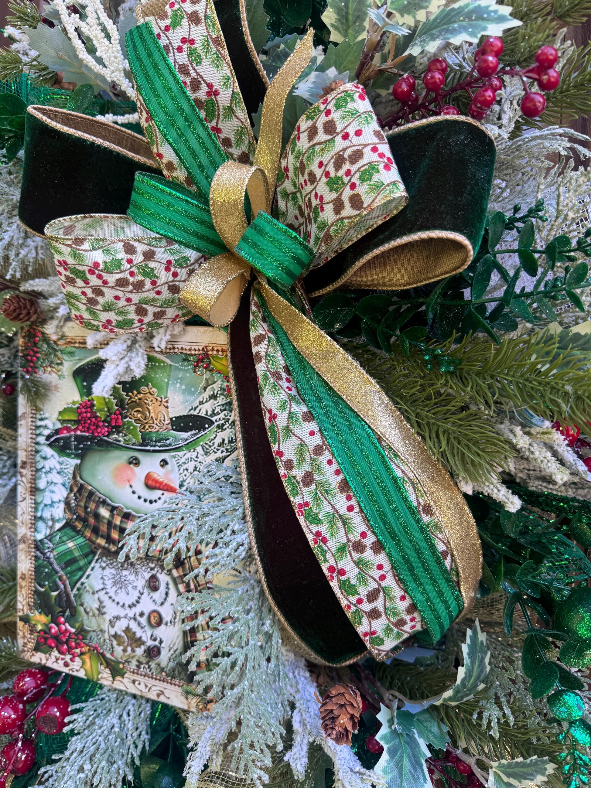 Snowman Winter Wreath for Front Door, Christmas Home Decor for Outdoor Porch or Indoor Office Wall Hanging, Green and White Snowman Decor