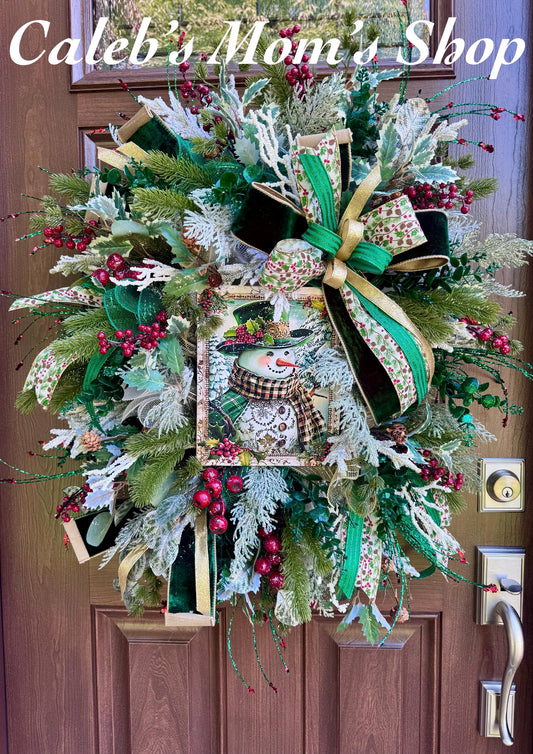 Snowman Winter Wreath for Front Door, Christmas Home Decor for Outdoor Porch or Indoor Office Wall Hanging, Green and White Snowman Decor