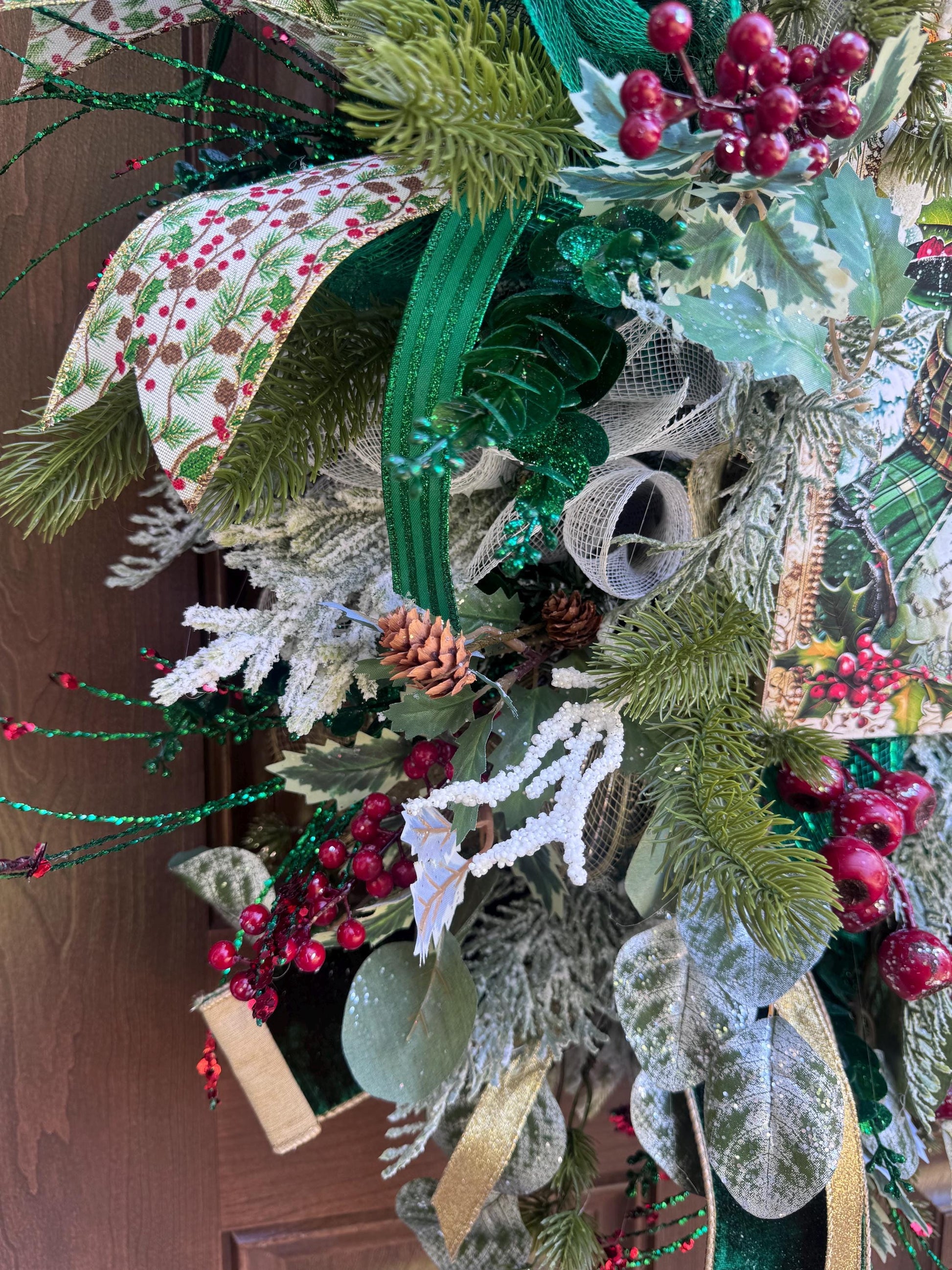Snowman Winter Wreath for Front Door, Christmas Home Decor for Outdoor Porch or Indoor Office Wall Hanging, Green and White Snowman Decor