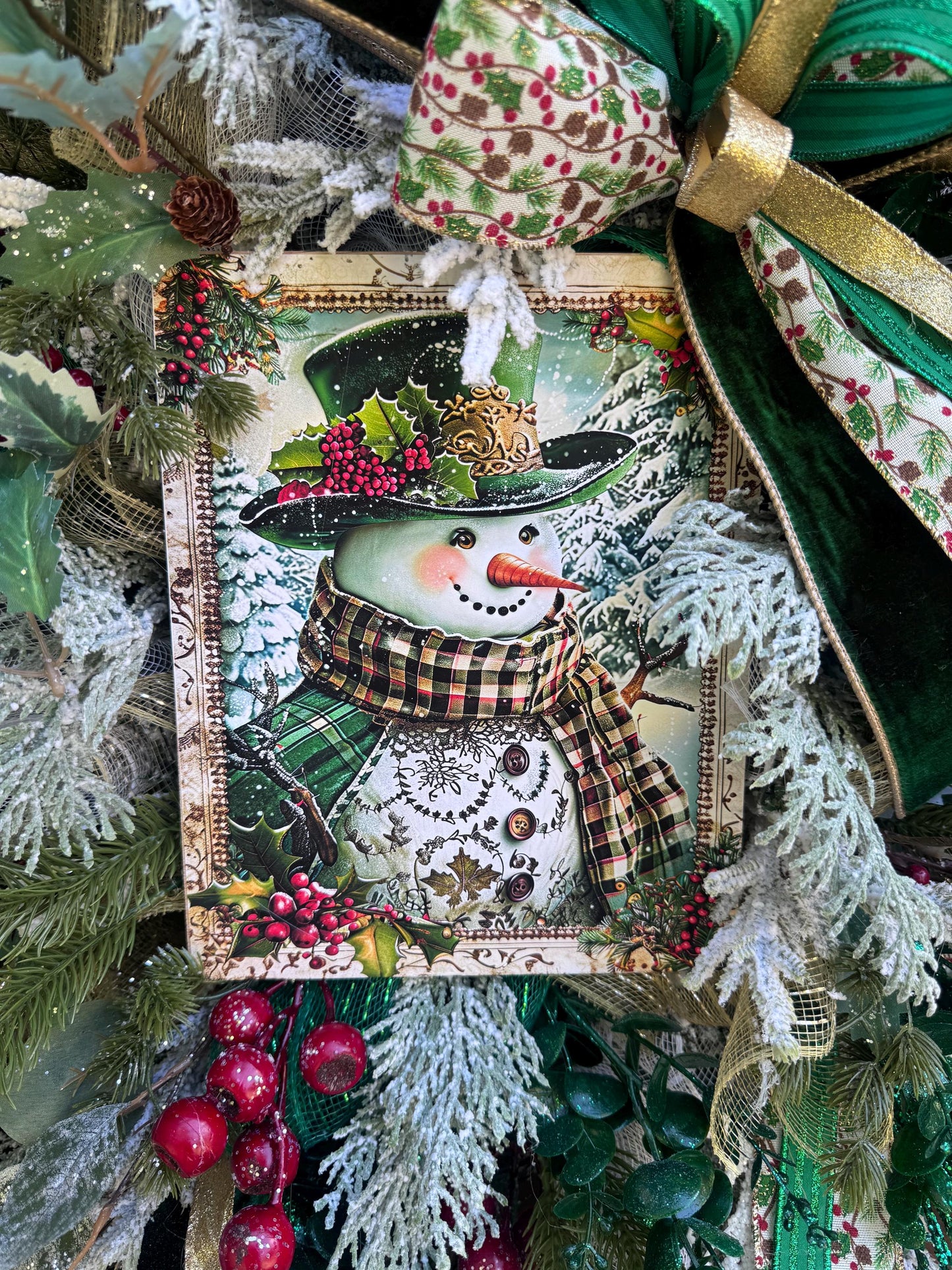 Snowman Winter Wreath for Front Door, Christmas Home Decor for Outdoor Porch or Indoor Office Wall Hanging, Green and White Snowman Decor