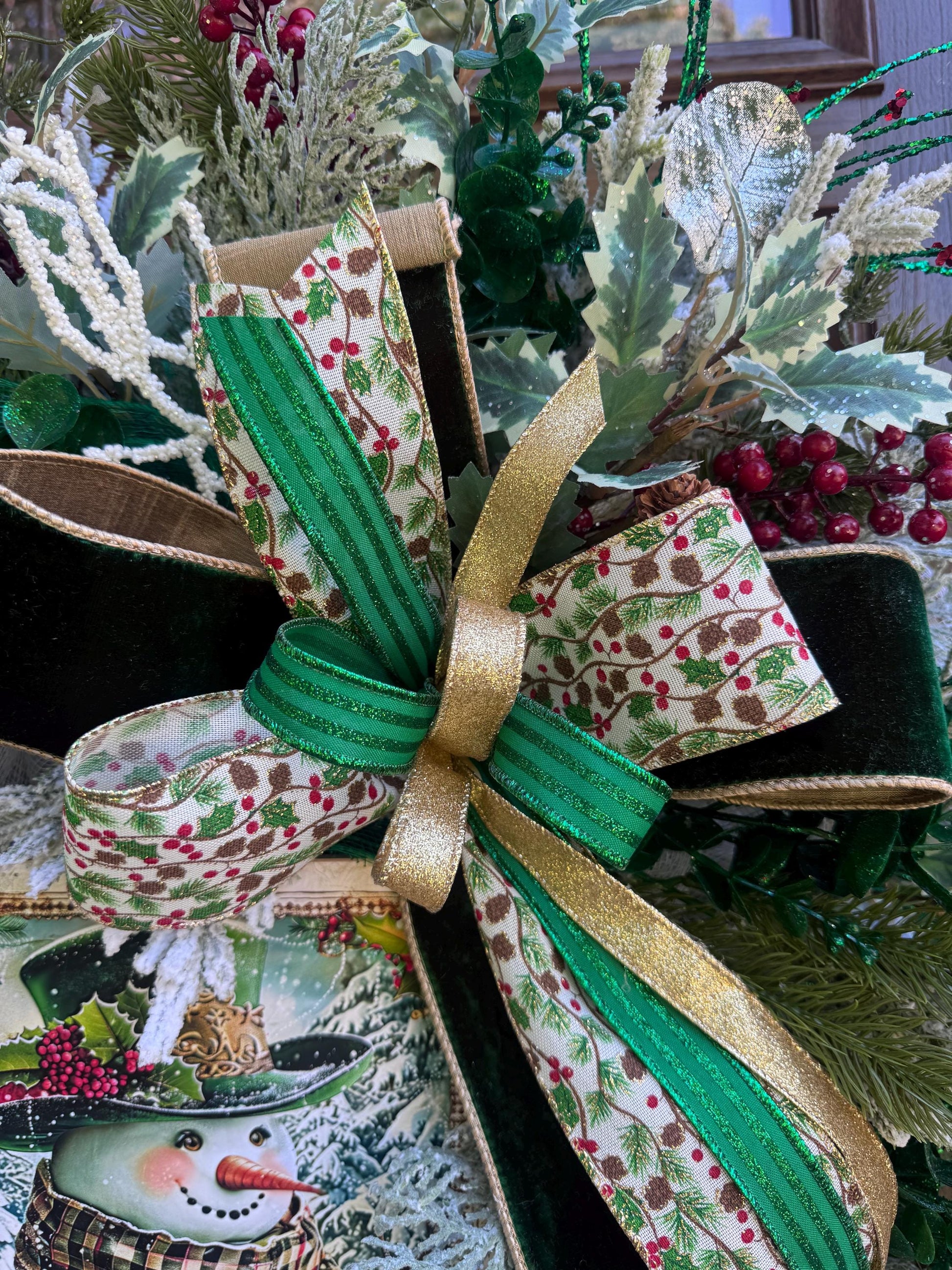 Snowman Winter Wreath for Front Door, Christmas Home Decor for Outdoor Porch or Indoor Office Wall Hanging, Green and White Snowman Decor