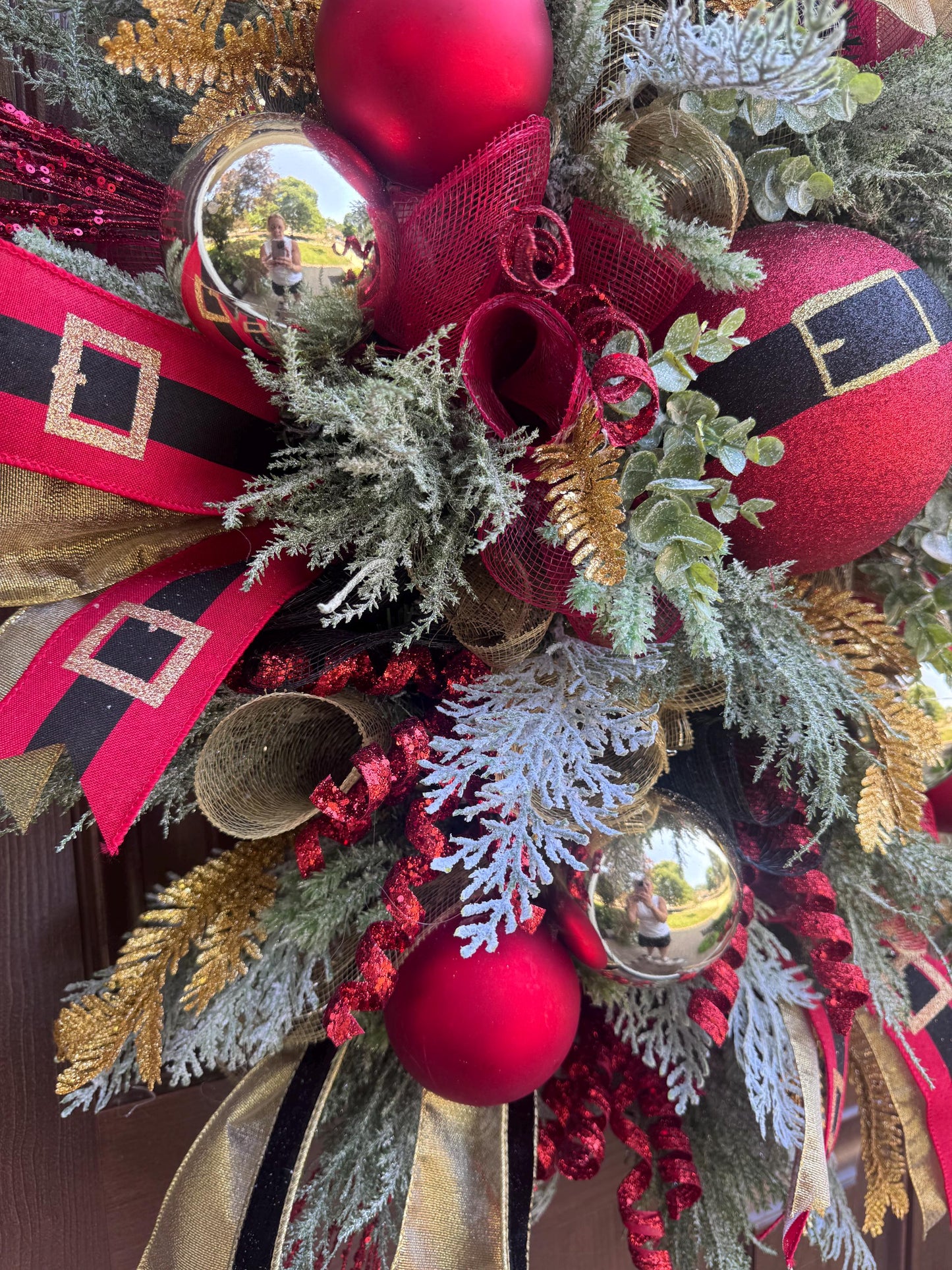 Christmas Wreath with Santa Belt Ornament, Red Gold Winter Holiday Porch Decor, Winter Front Porch Decoration, Festive Wall Hanger