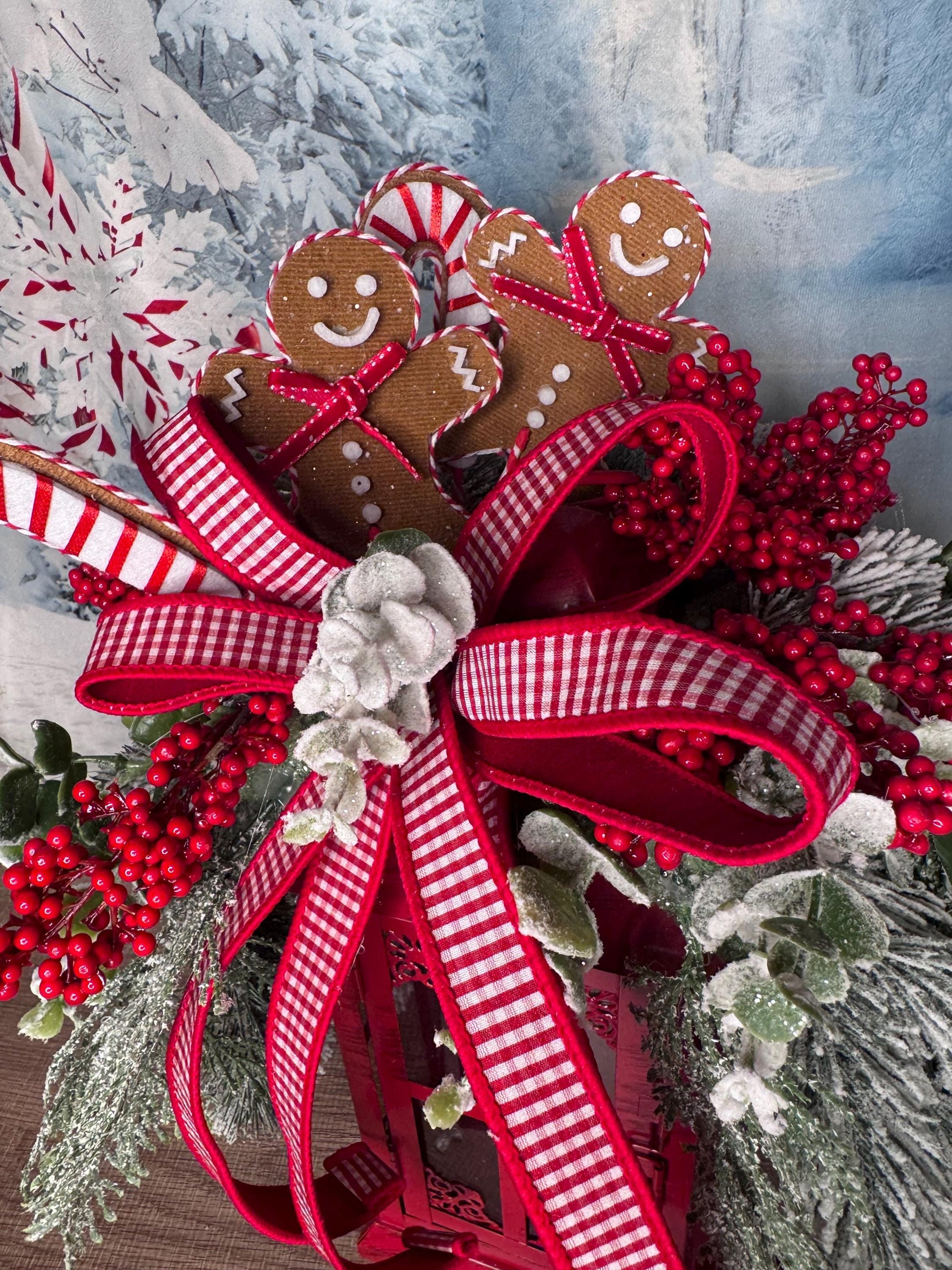 Gingerbread Lantern Table Arrangement, Christmas Centerpiece or Mantle Decor, Traditional Winter Greenery Office Decor